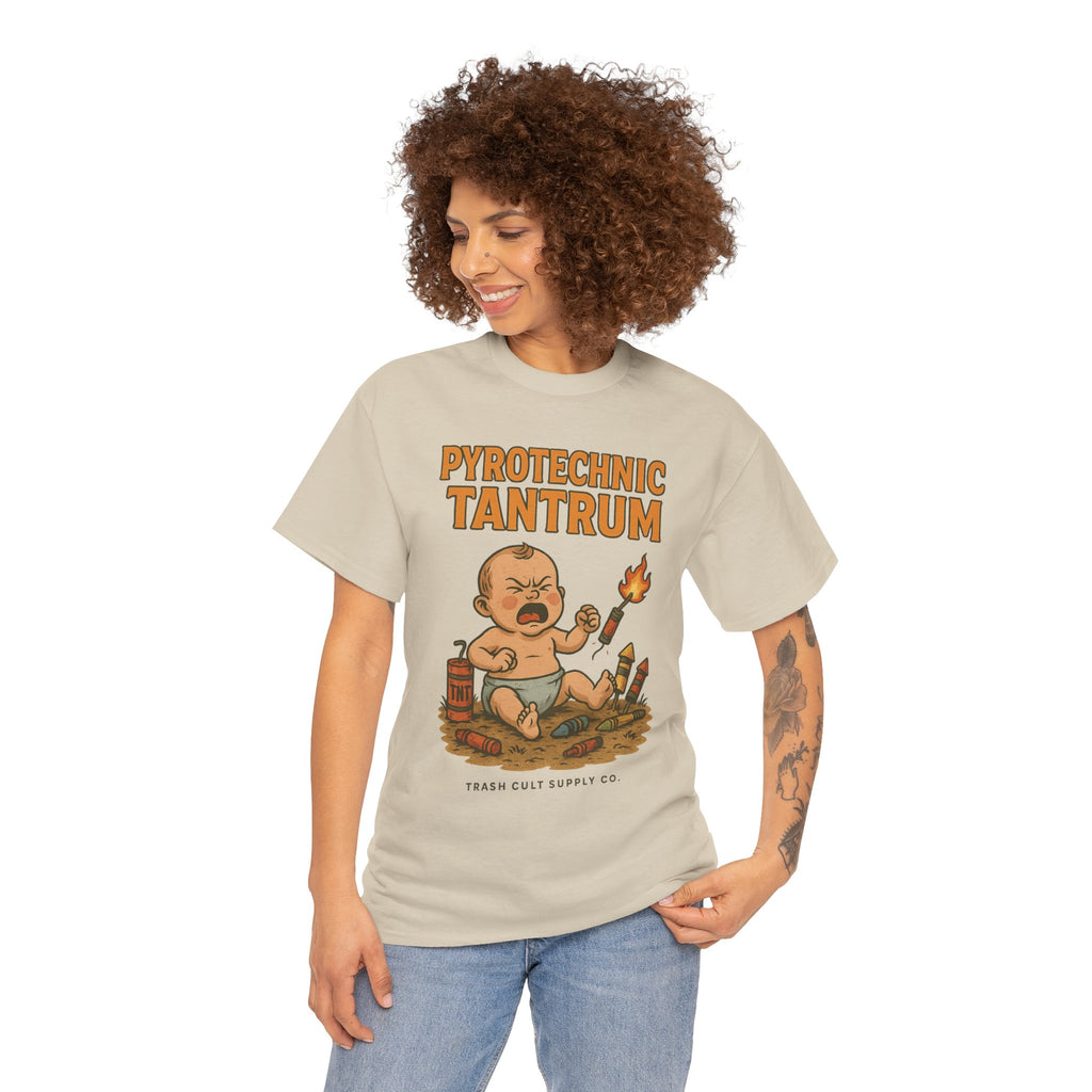 Pyrotechnic Tantrum T-Shirt – Explosive Baby Humor Graphic | Trash Cult Supply Co. | Gildan 5000 Tee