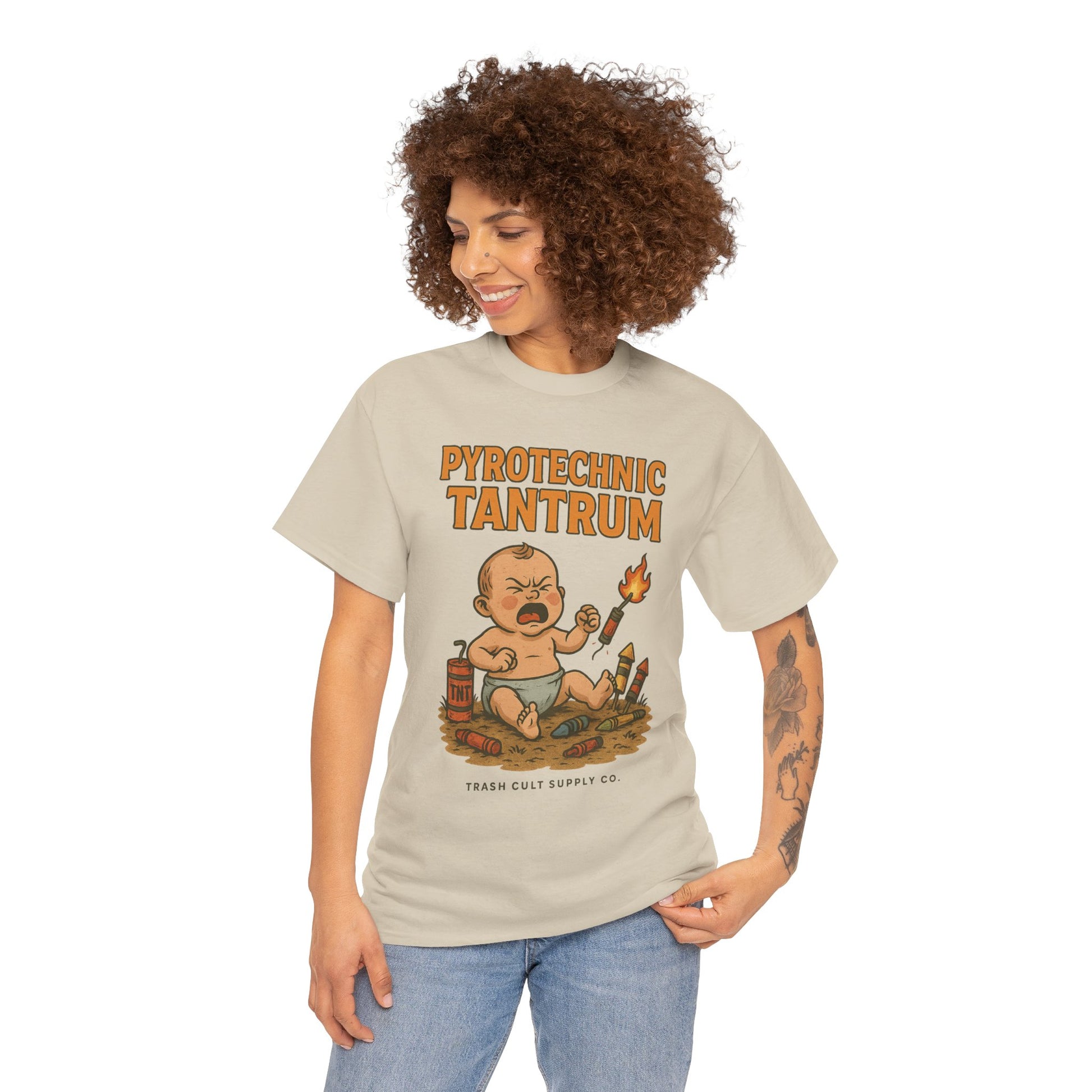 Pyrotechnic Tantrum T-Shirt – Explosive Baby Humor Graphic | Trash Cult Supply Co. | Gildan 5000 Tee