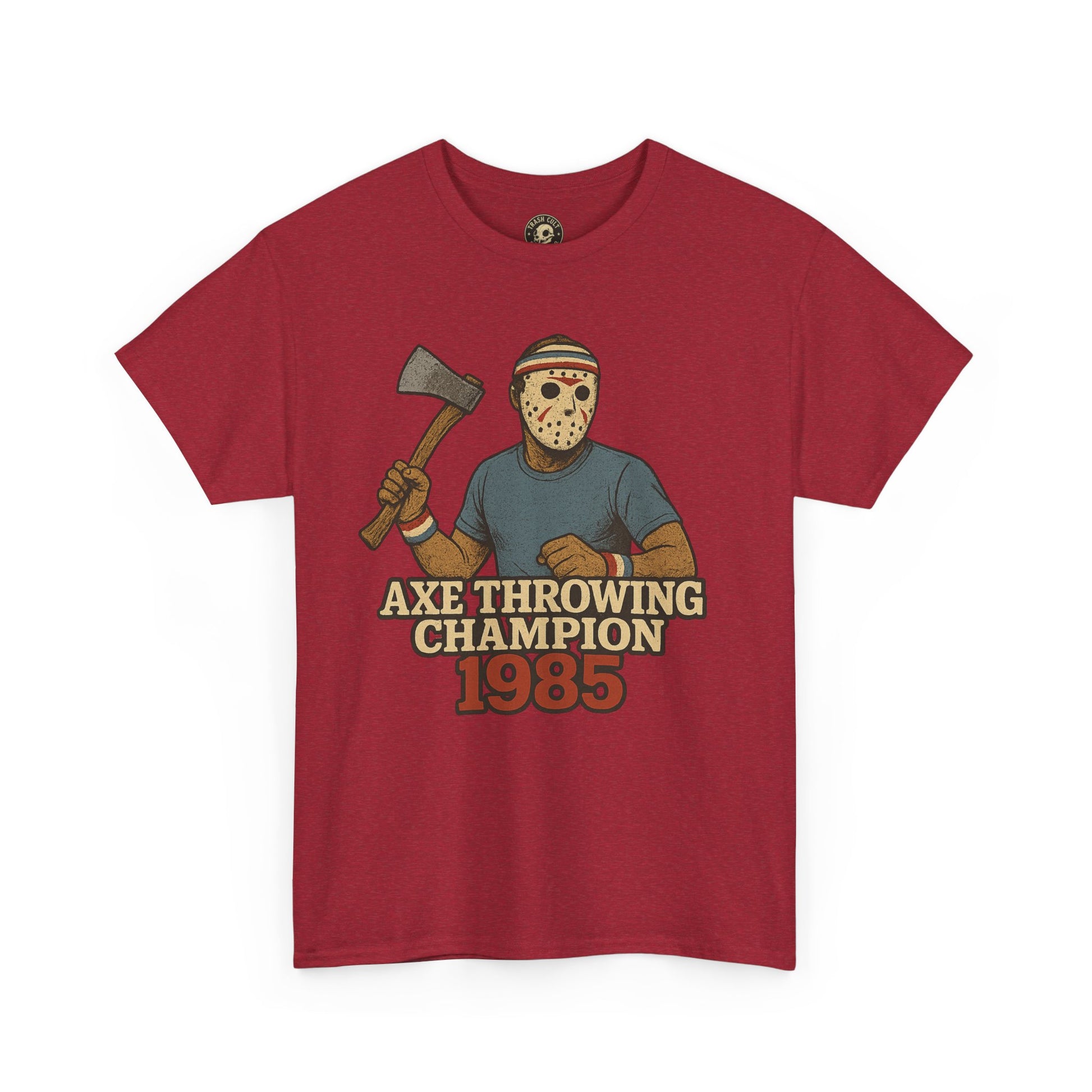Jason Voorhees Axe Throwing Champion 1985 T-Shirt – Retro Slasher Workout Parody | Gildan 5000 Tee