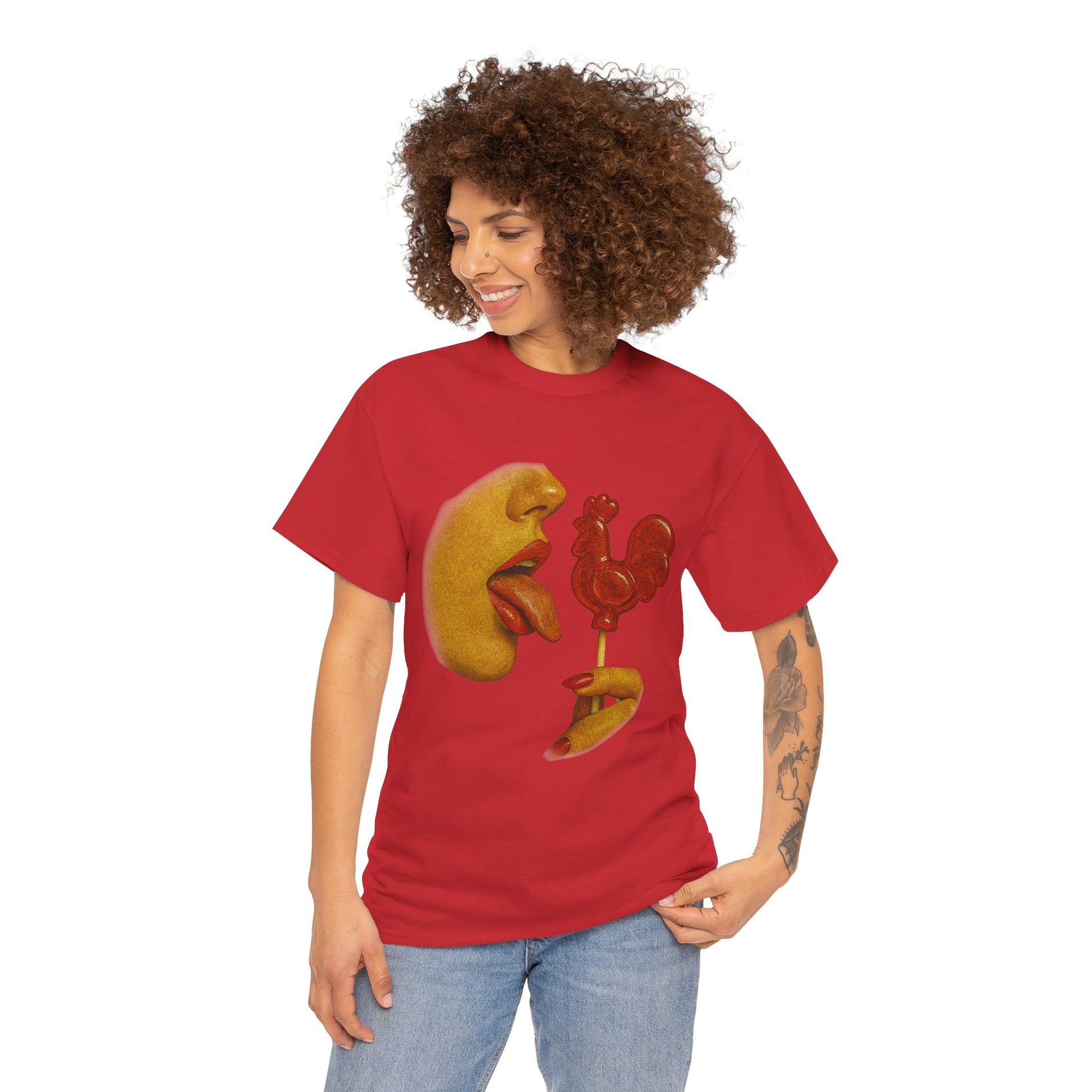 Bold Retro Halftone Tease – Red Rooster Lollipop Graphic Tee