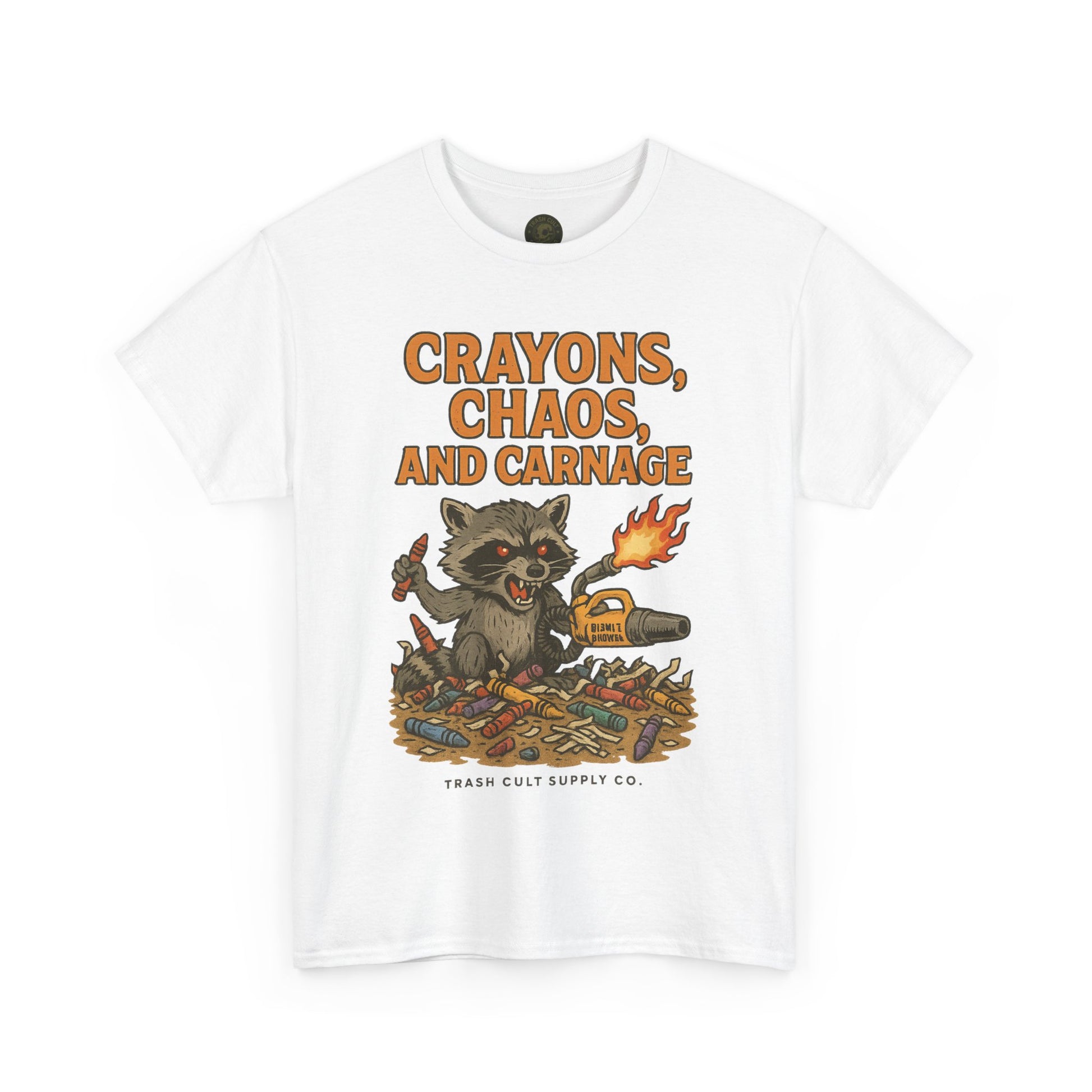 Crayons, Chaos, and Carnage T-Shirt – Dark Humor Raccoon Graphic | Trash Cult Supply Co. | Gildan 5000 Tee