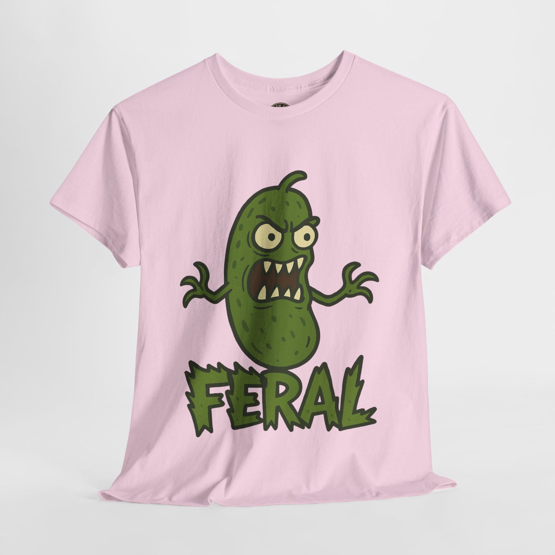 Feral Pickle Cartoon Tee – Trashcore Angry Pickle Shirt – Gildan 5000 Unisex Heavy Cotton
