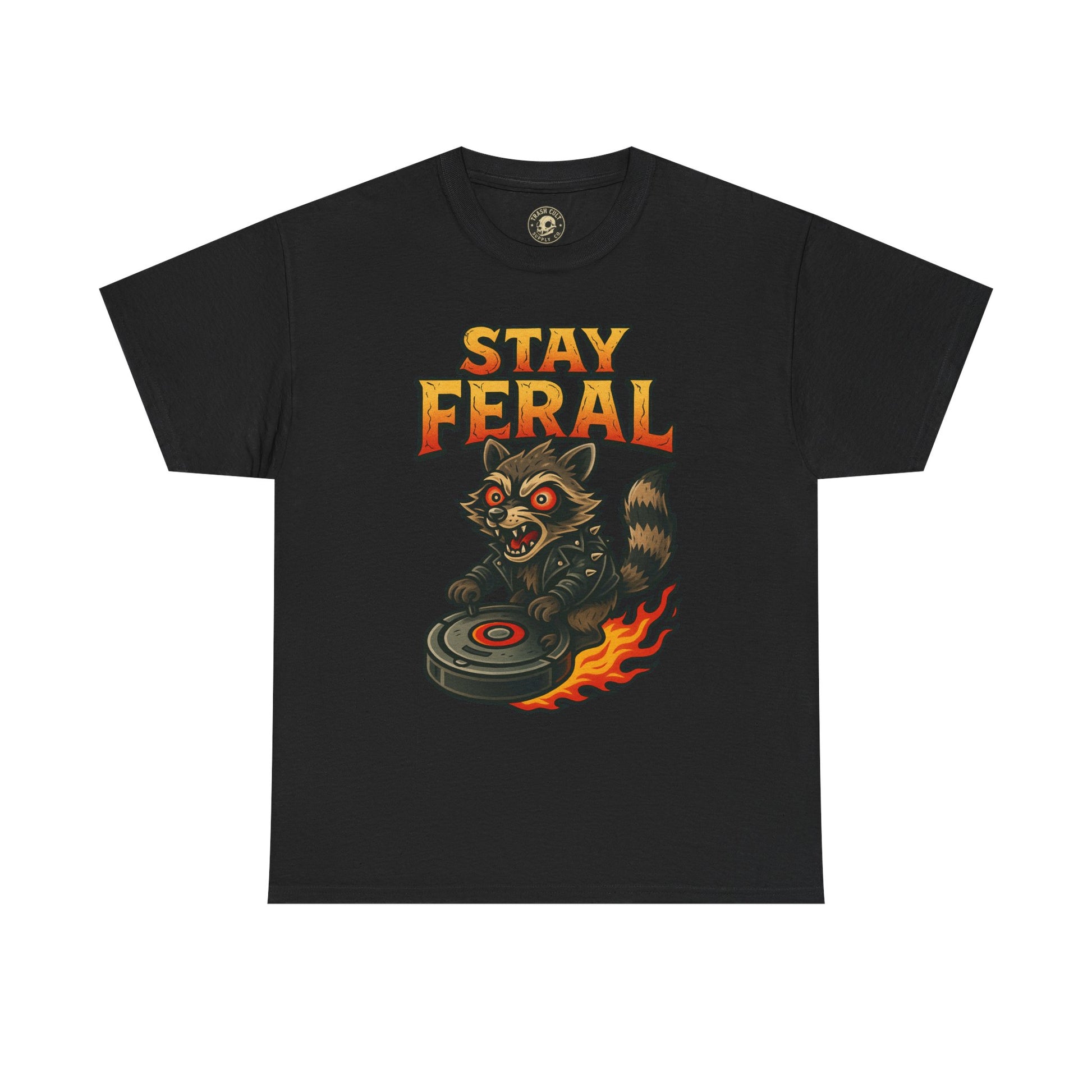 Stay Feral Roomba Raccoon T-Shirt – Bold New School Tattoo Style | Trash Cult Supply Co