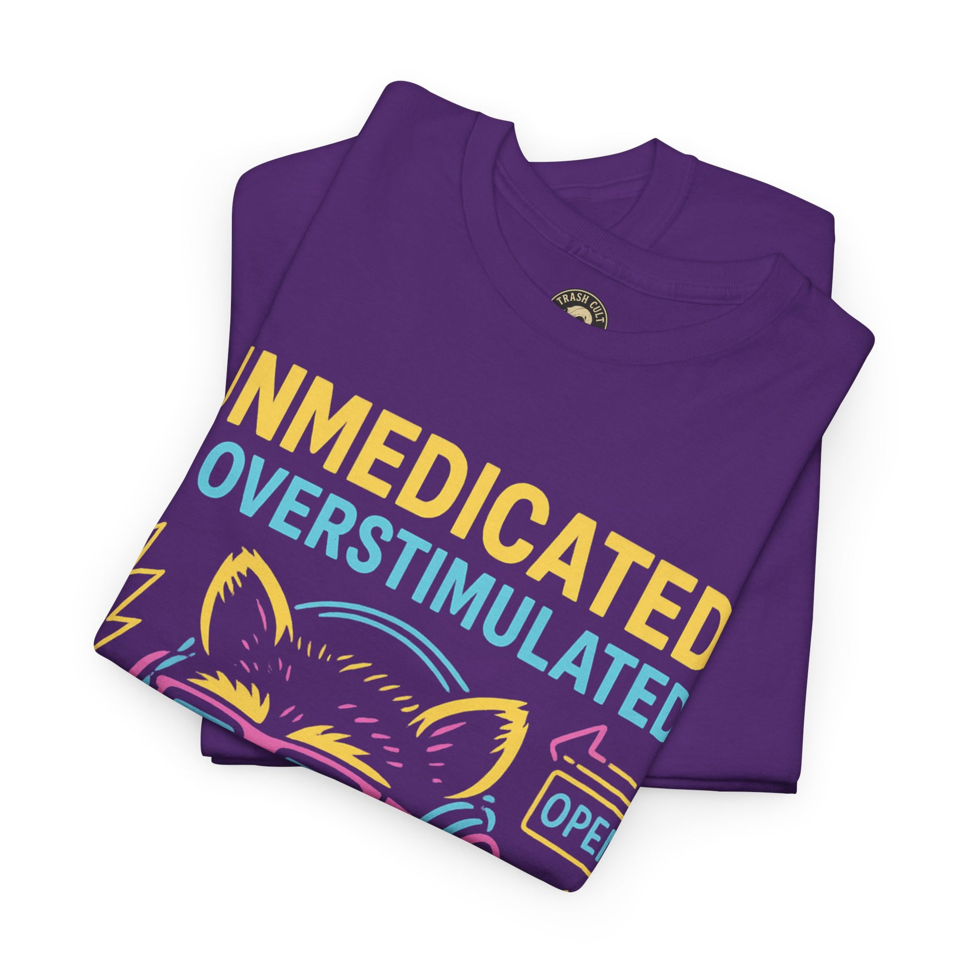 Unmedicated & Overstimulated Neon Raccoon ADHD Shirt – Trash Cult Supply Co. – Gildan 5000