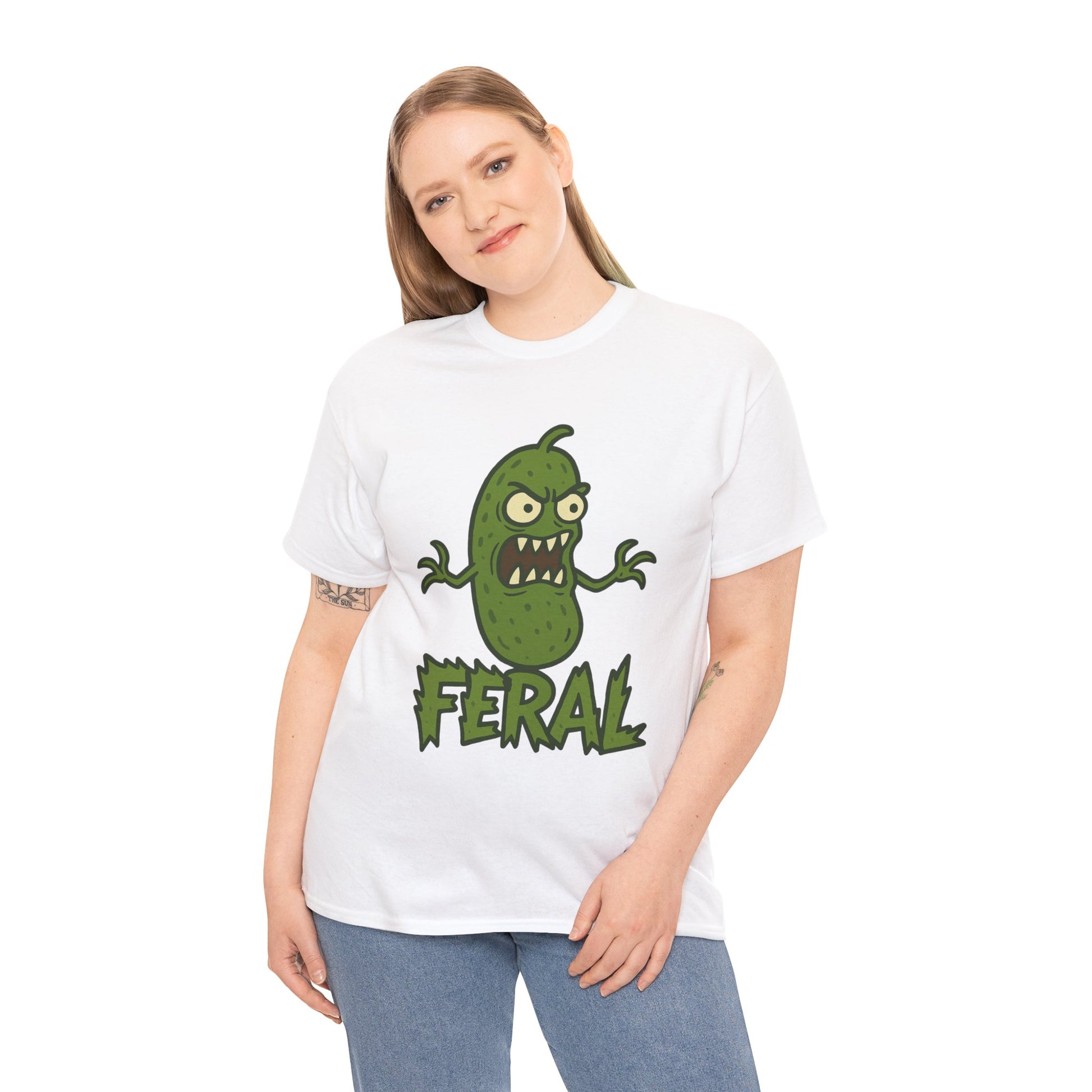 Feral Pickle Cartoon Tee – Trashcore Angry Pickle Shirt – Gildan 5000 Unisex Heavy Cotton