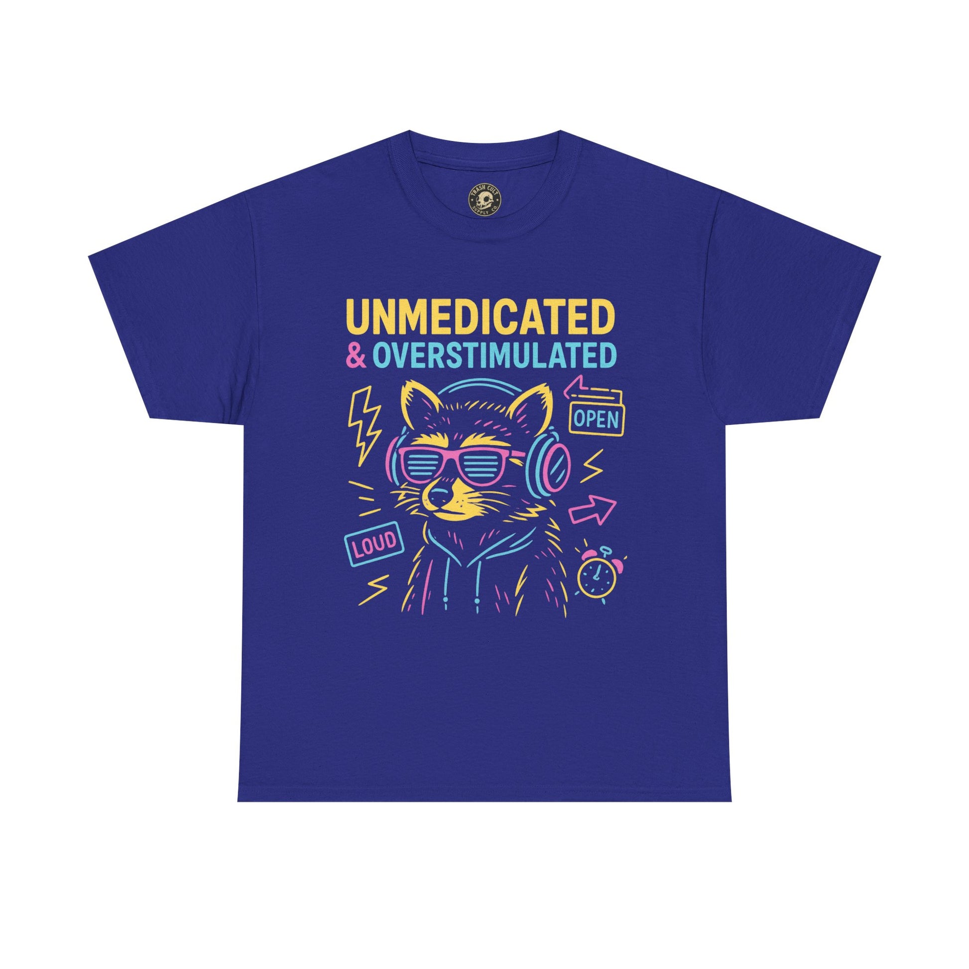 Unmedicated & Overstimulated Neon Raccoon ADHD Shirt – Trash Cult Supply Co. – Gildan 5000
