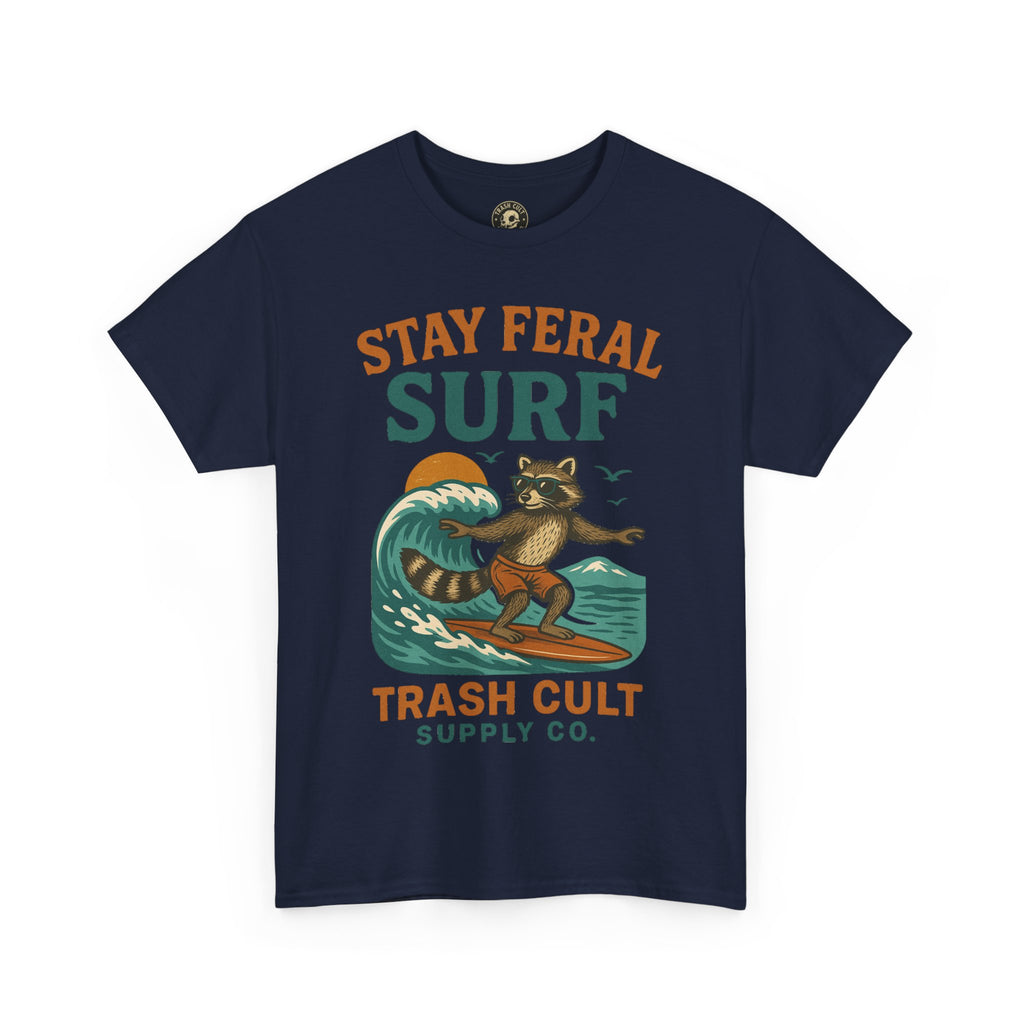 Stay Feral Surf Shirt – Retro Raccoon Beach Tee – Trash Cult Supply Co – Gildan 5000