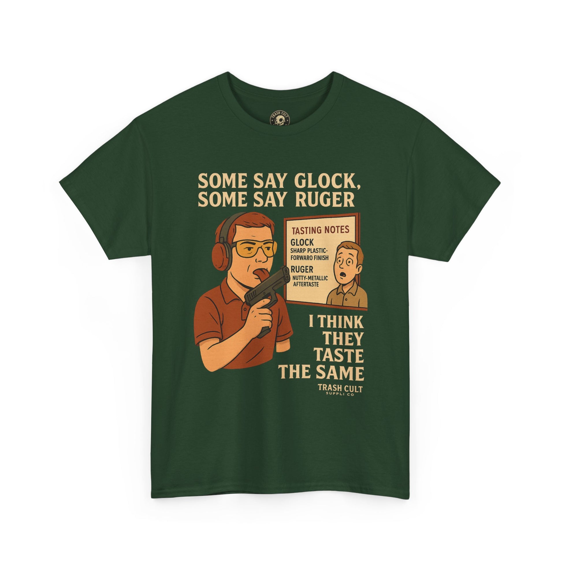 Glock vs Ruger Mouthfeel Shirt – Funny Gun Show Parody Tee | Dark Humor Firearm Tasting Notes Shirt