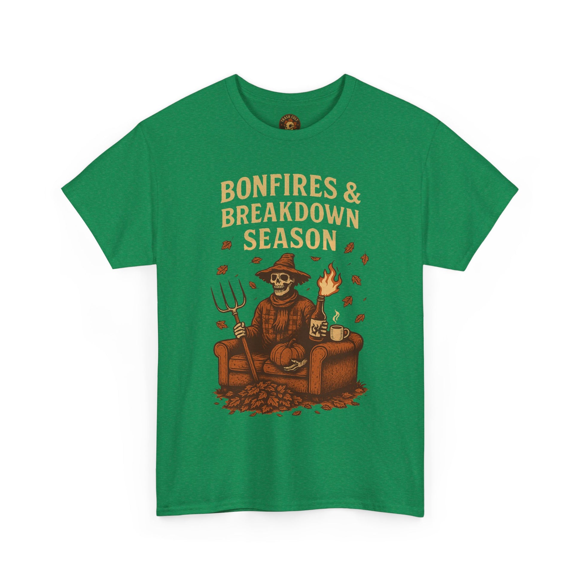 Bonfires & Breakdown Season Shirt – Skeleton Couch Chaos Tee – Fall of Humanity Collection – Trash Cult Supply Co.
