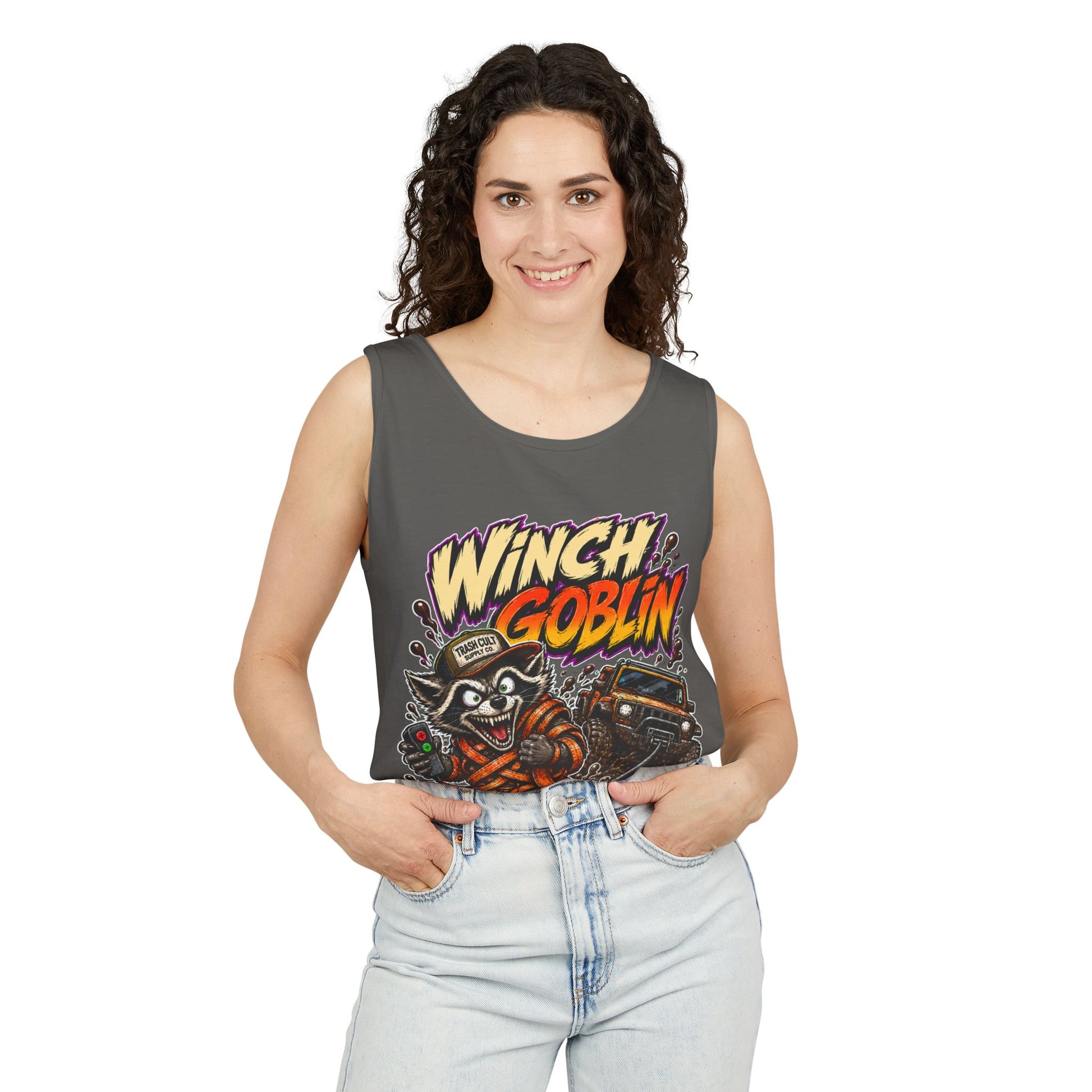 Winch Goblin Graphic Tank Top — Retro Cartoon Mechanic Design
