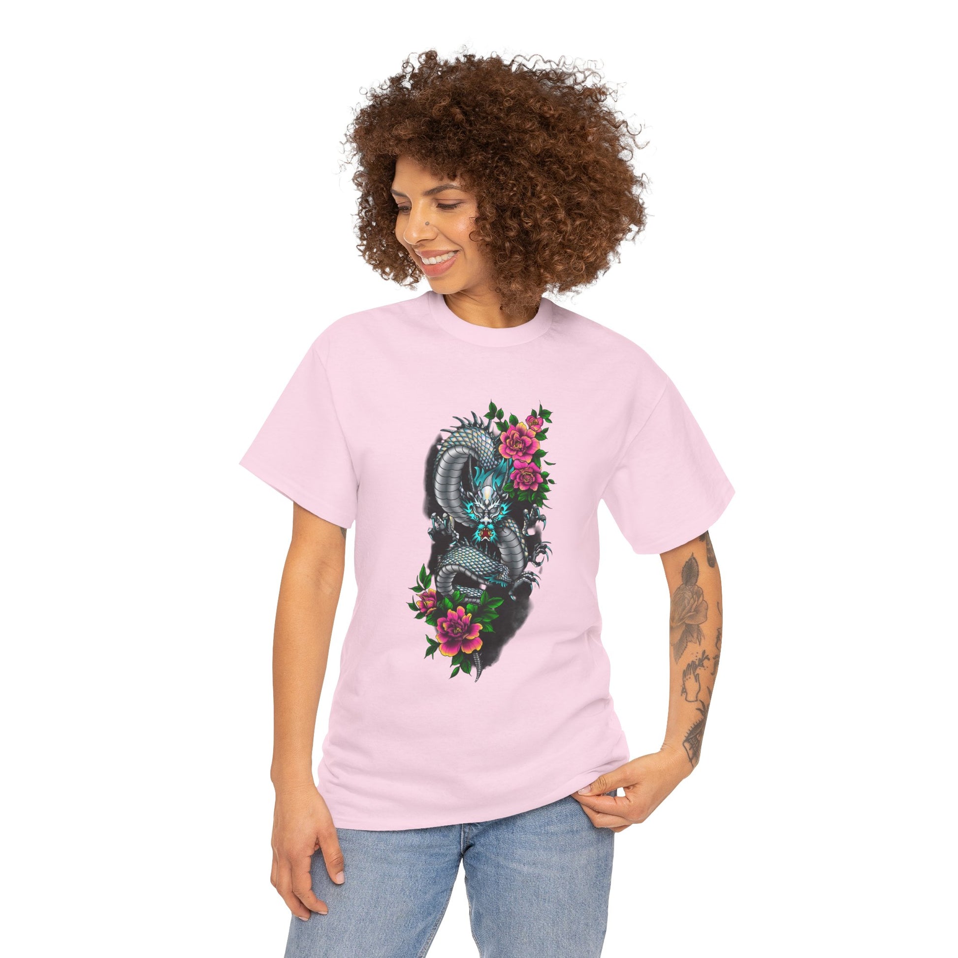 Mythic Dragon & Peonies Tattoo T-Shirt – Lara Davenport x Trash Cult Supply Co. Collab (Gildan 5000)
