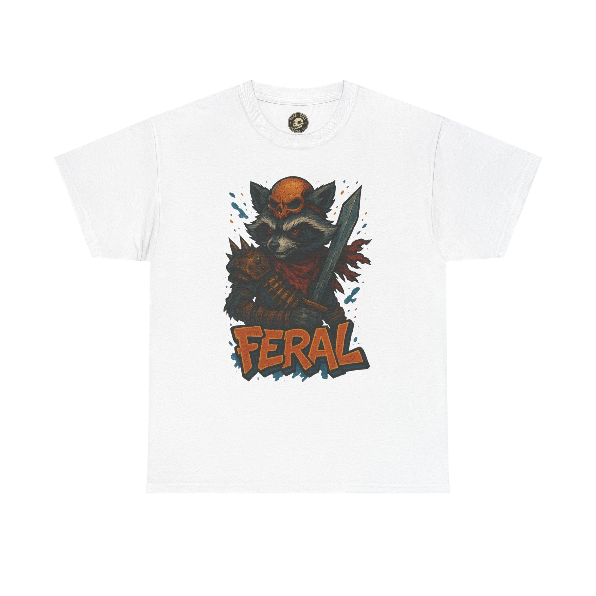 FERAL Raccoon Warlord Shirt – Graffiti Street Art Animal Tee | Bold Post-Apocalyptic Design on Gildan 5000