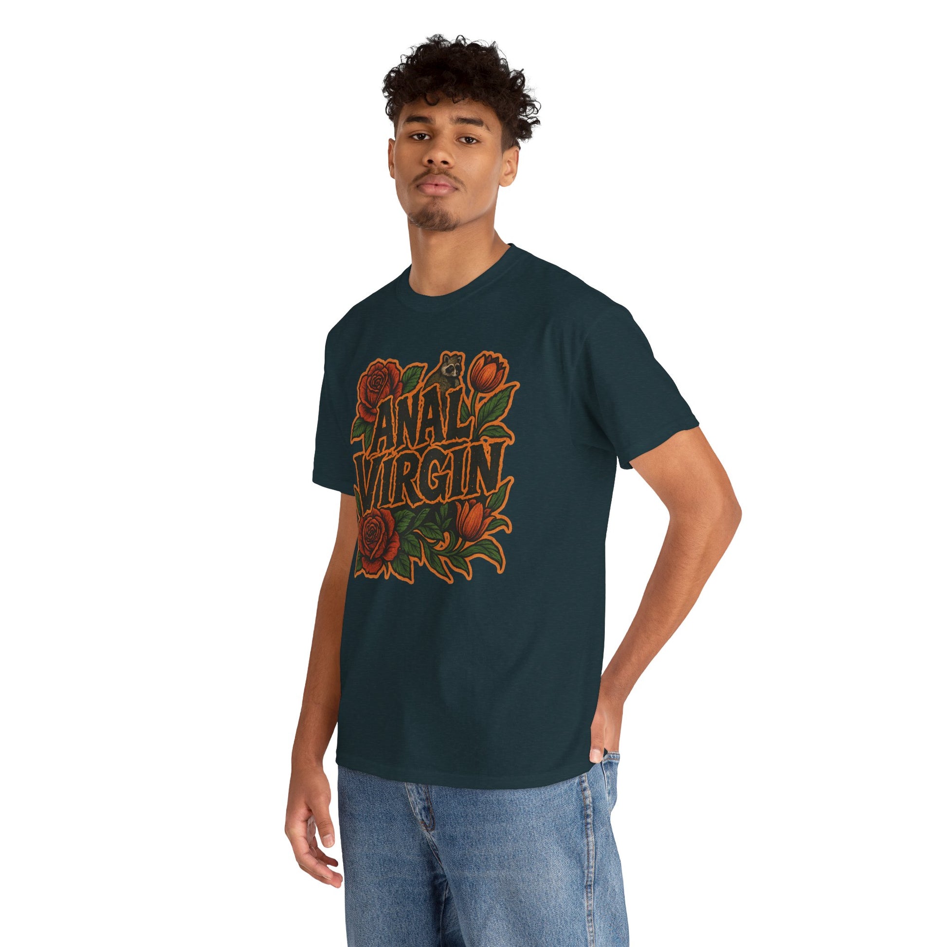 Anal Virgin Bold Floral Trashcore Tee – Funny Raccoon Shirt – Gildan 5000