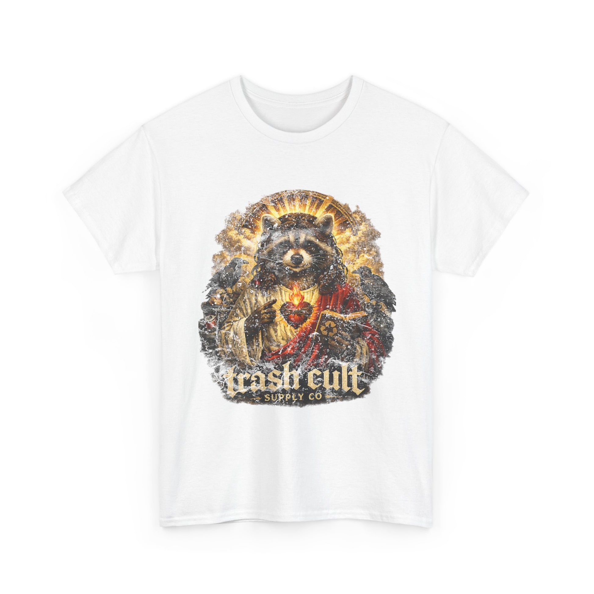 Raccoon Saint Graphic Tee — “Trash Cult” Vintage Devotional Design