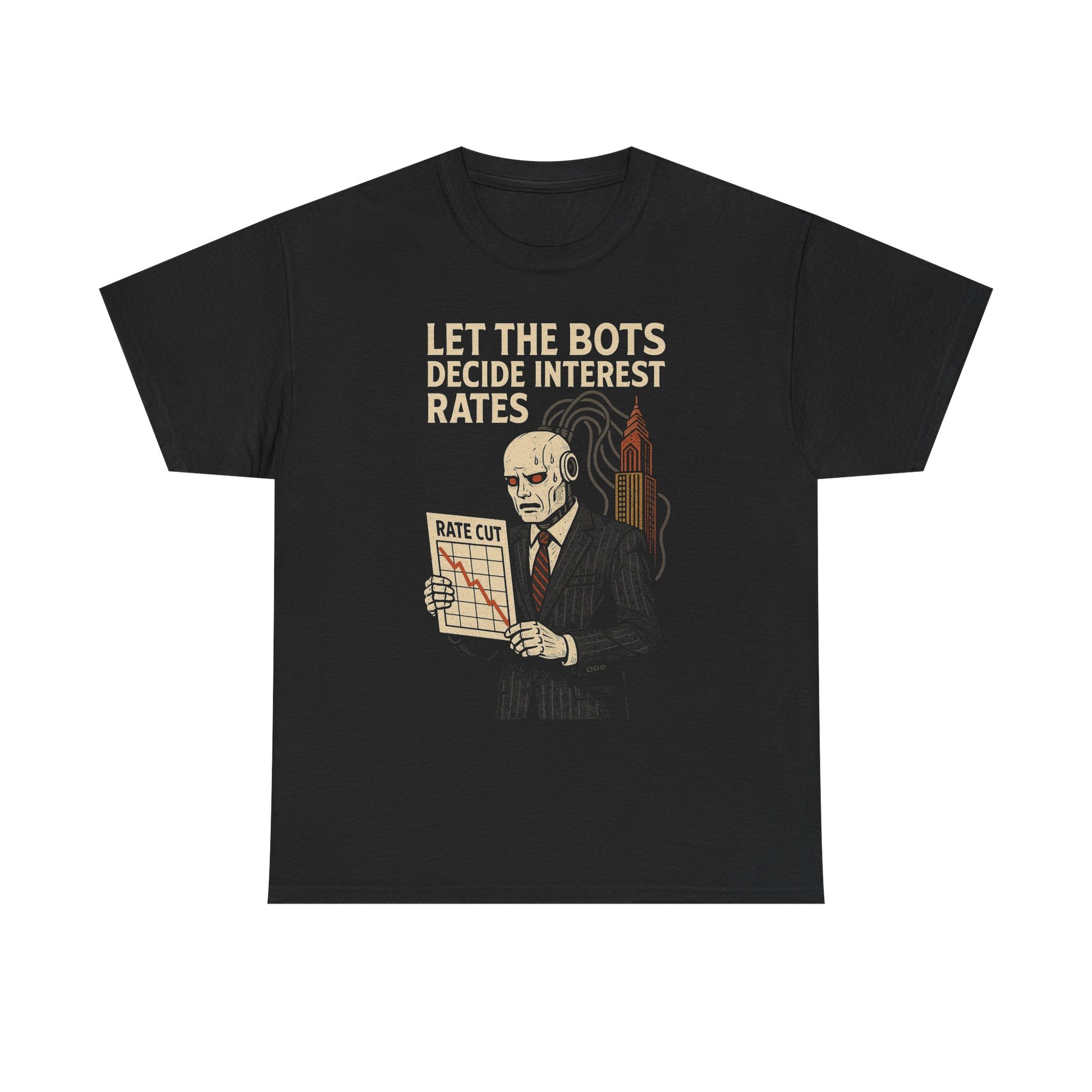 AI Bot Interest Rate Cut Shirt – Satirical Cyberpunk Finance Graphic Tee