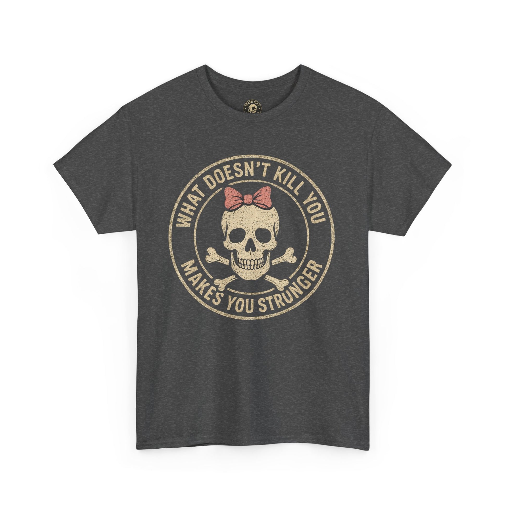 “What Doesn’t Kill You Makes You Stronger” Skull & Bow T-Shirt – Vintage Grunge Graphic | Gildan 5000