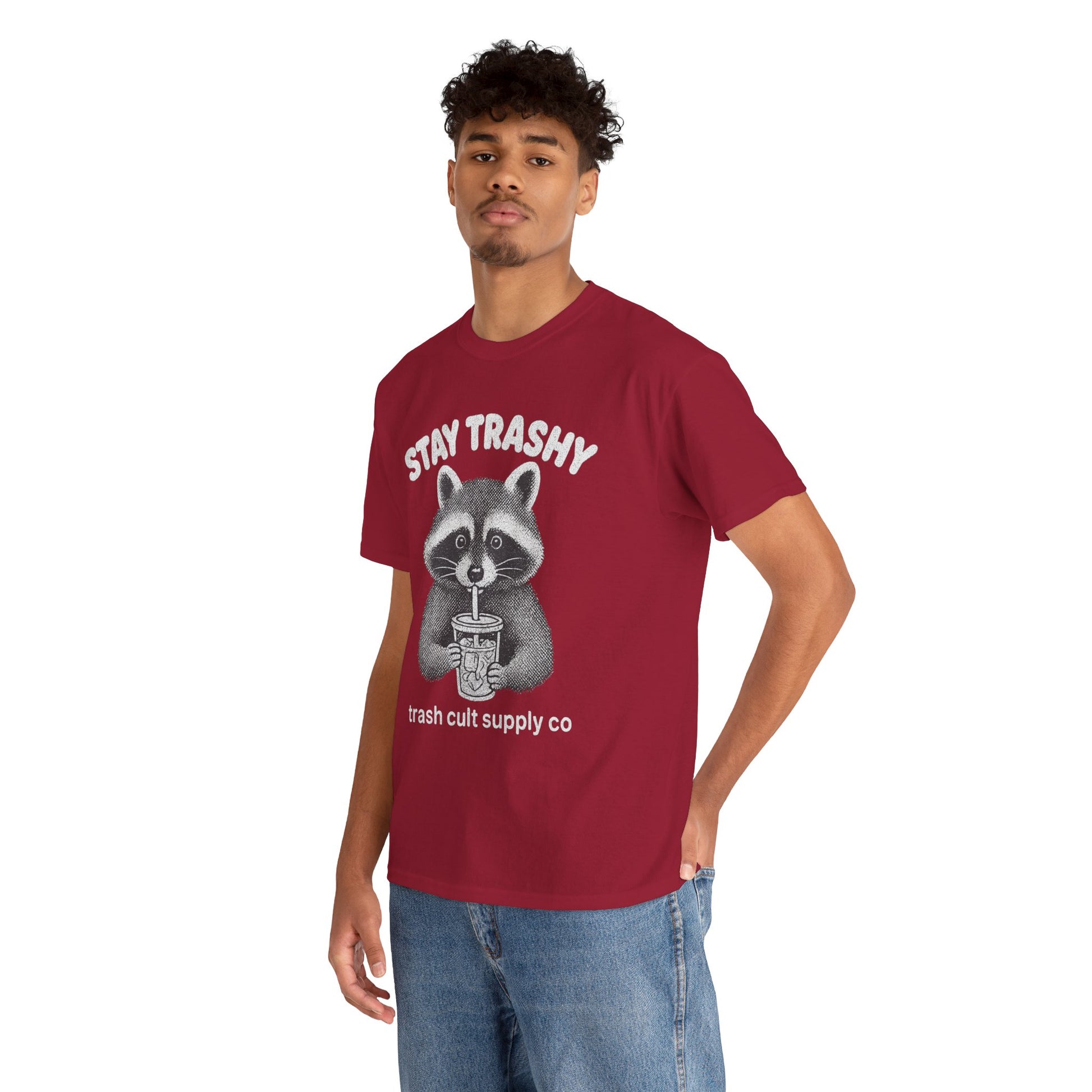 Stay Trashy Raccoon Iced Coffee Shirt – Halftone All White Design | Trash Cult Supply Co.