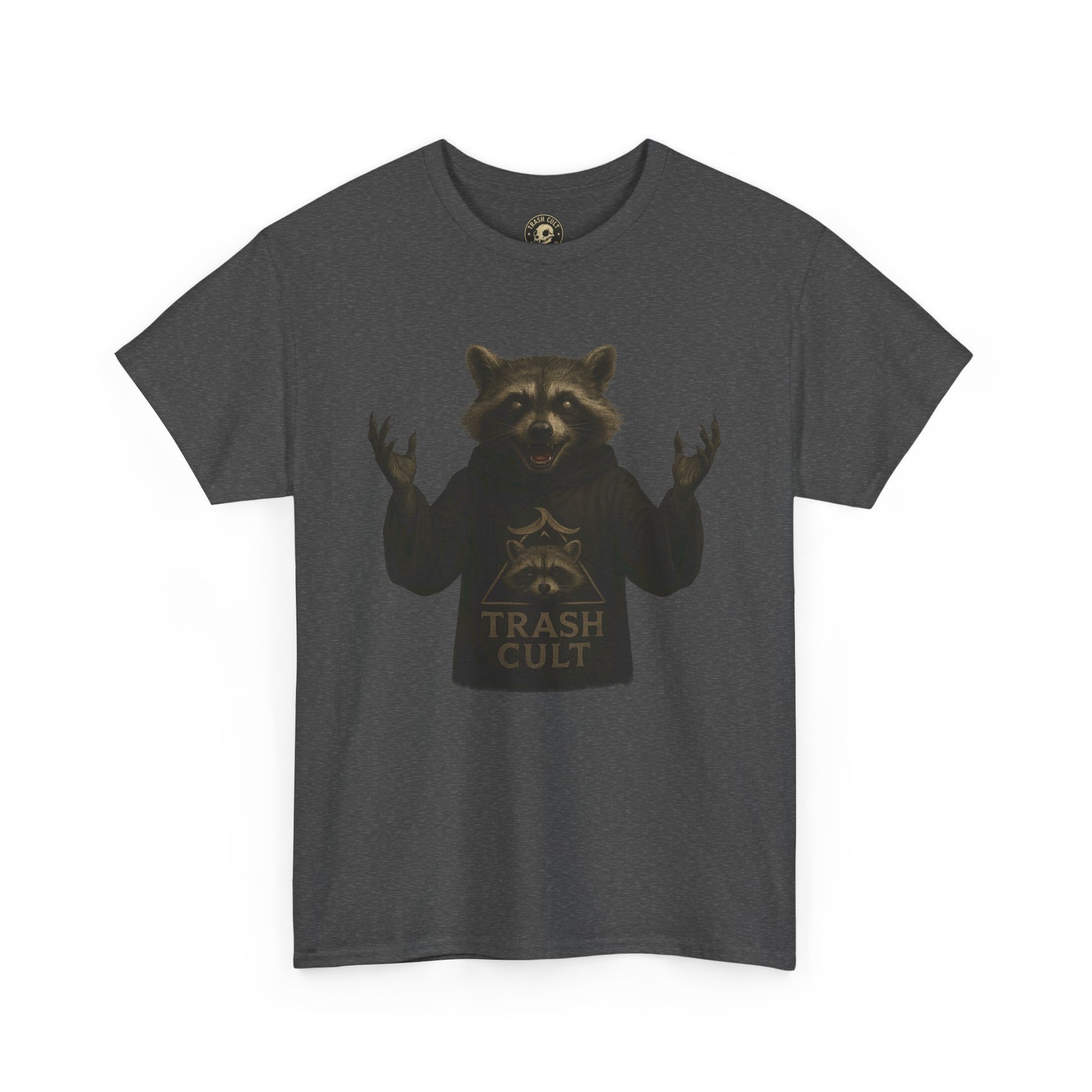 Raccoon Cult Leader Shirt – Trash Cult Unhinged Mascot Tee for Dark Fabrics | Gildan 5000