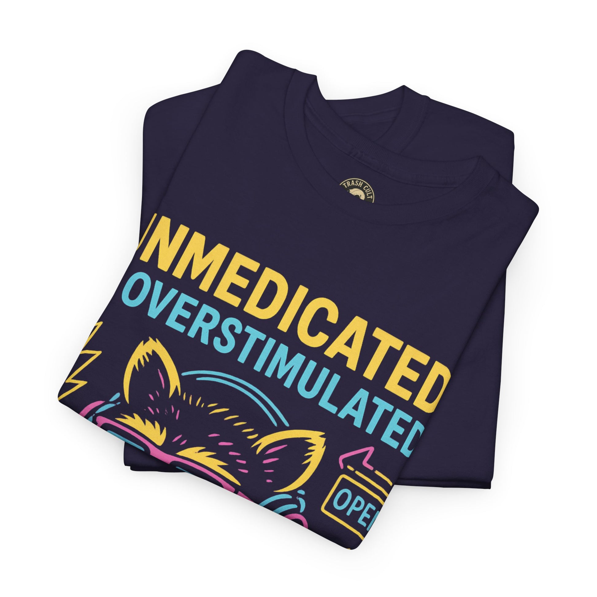 Unmedicated & Overstimulated Neon Raccoon ADHD Shirt – Trash Cult Supply Co. – Gildan 5000
