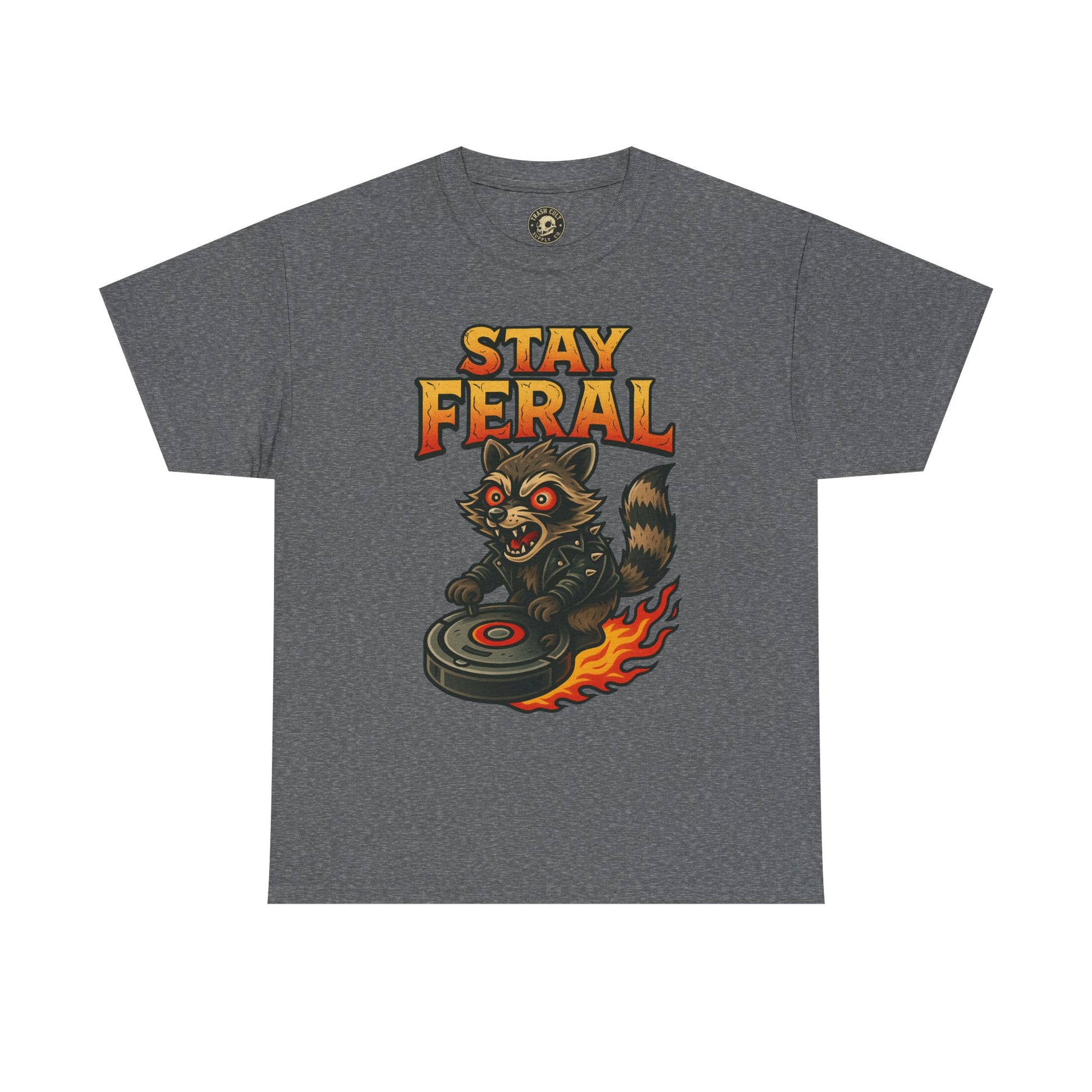 Stay Feral Roomba Raccoon T-Shirt – Bold New School Tattoo Style | Trash Cult Supply Co