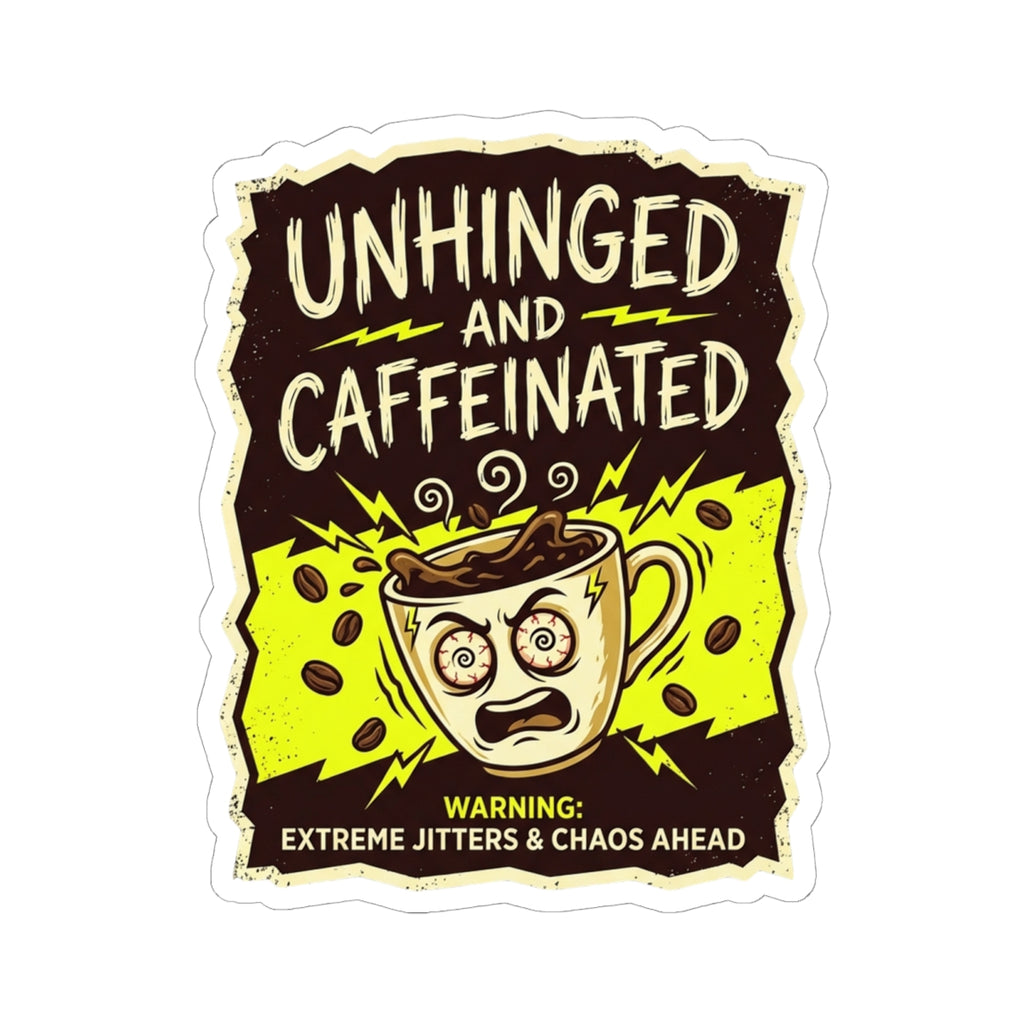 Unhinged and Caffeinated Kiss-Cut Sticker — Funny Coffee Lover Decal