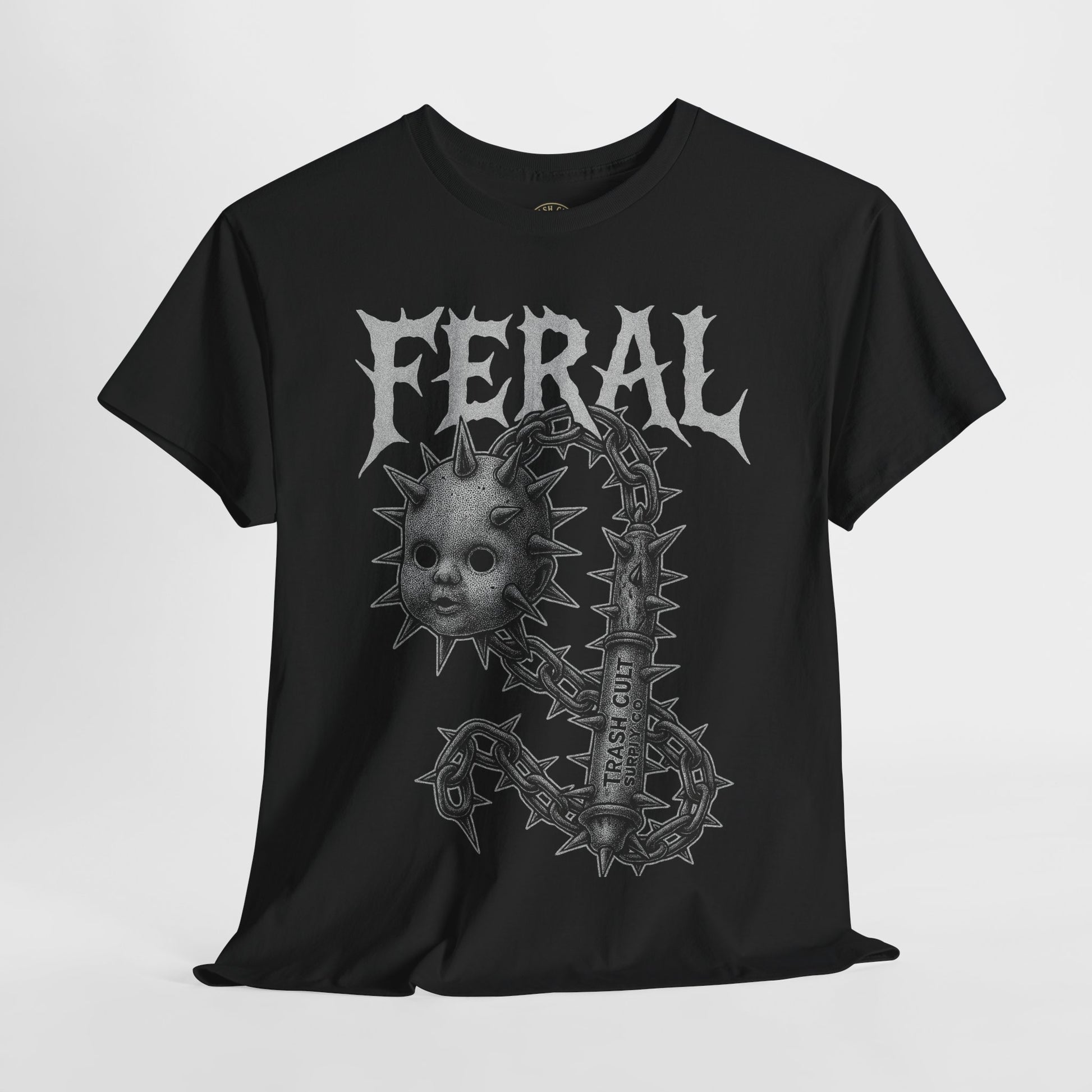FERAL Spiked Doll Flail Tee – Halftone Gothic Weapon Shirt | Trash Cult Supply Co. | Gildan 5000
