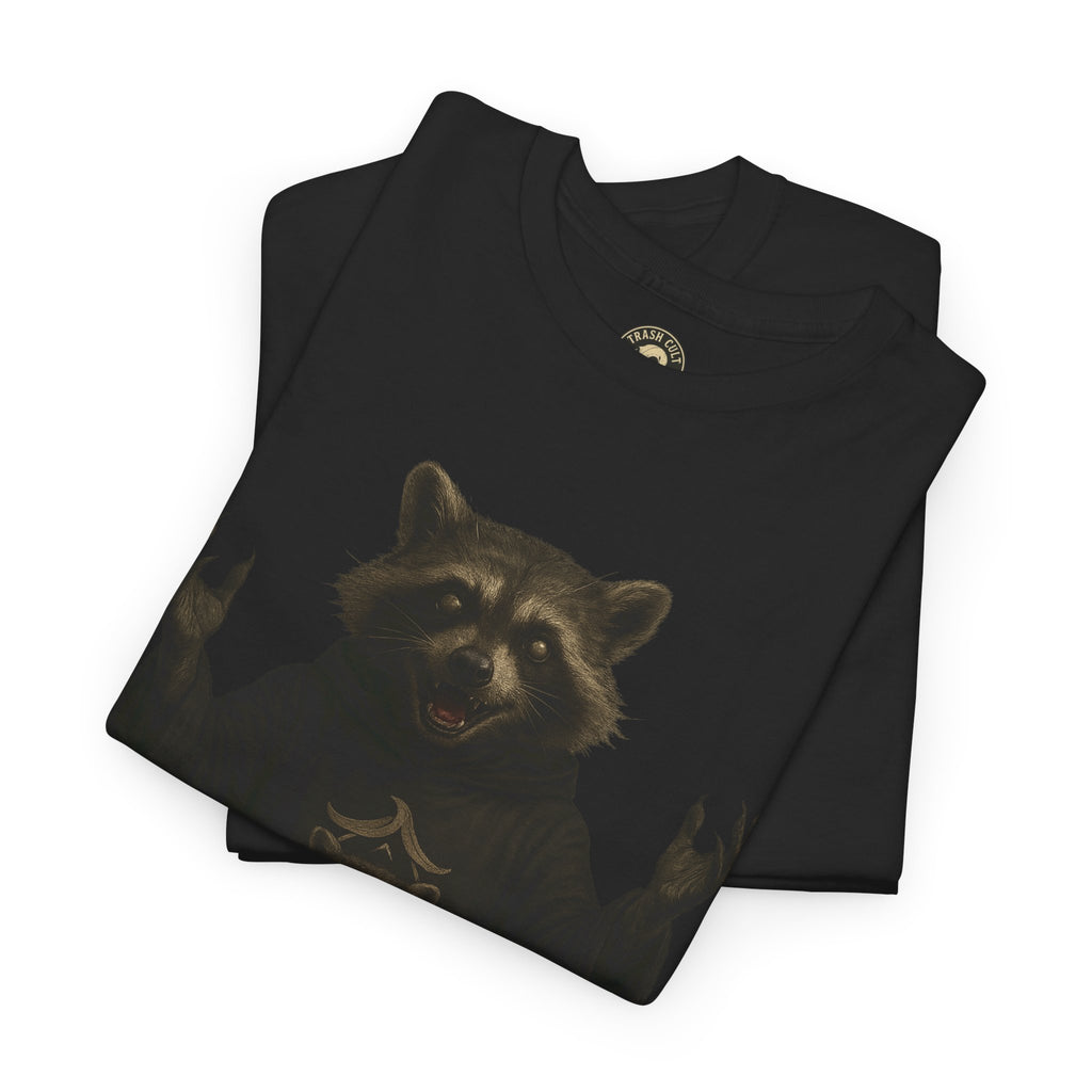 Raccoon Cult Leader Shirt – Trash Cult Unhinged Mascot Tee for Dark Fabrics | Gildan 5000