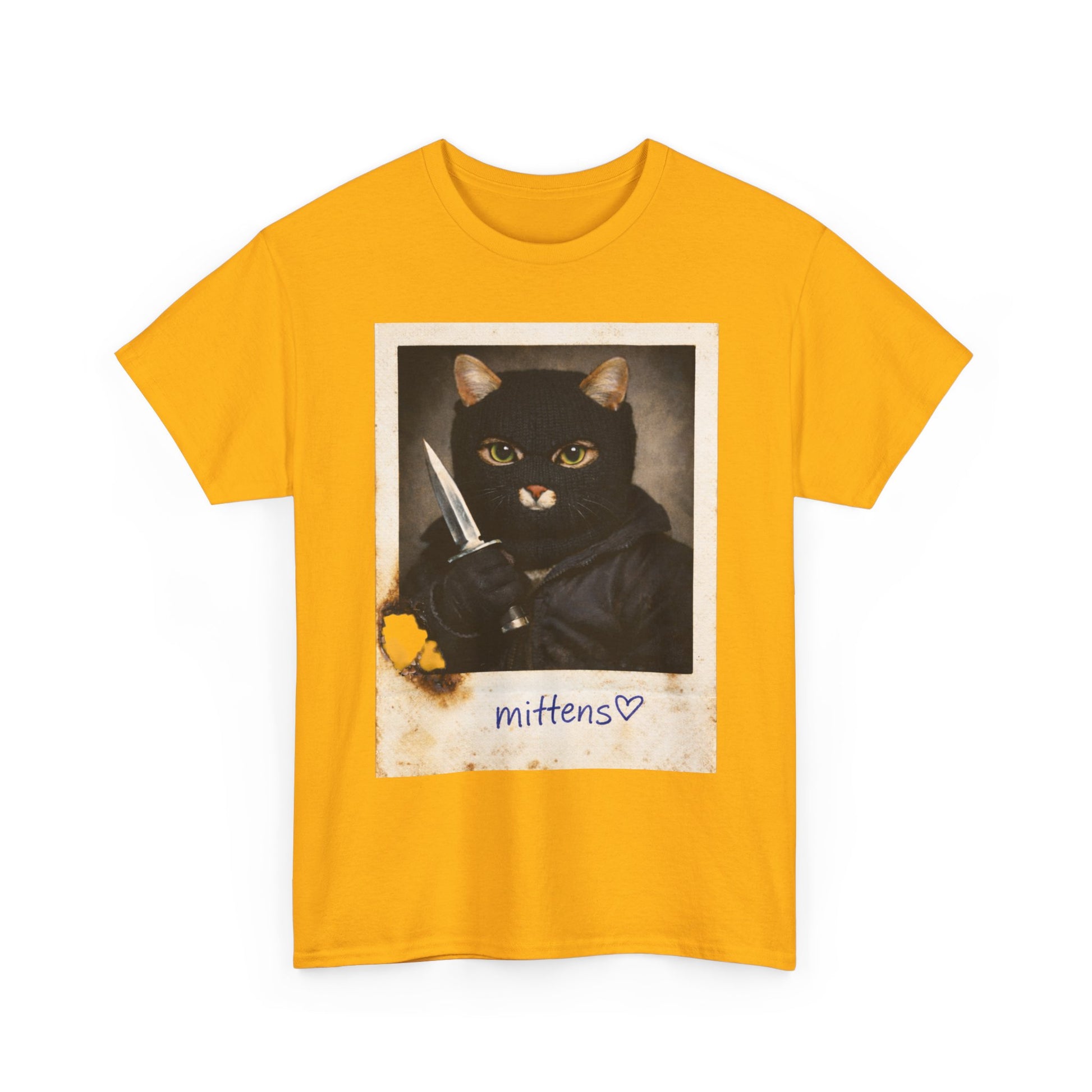 Cat With Knife Tee — "Mittens" Dark Humor Vintage Polaroid Graphic T-Shirt