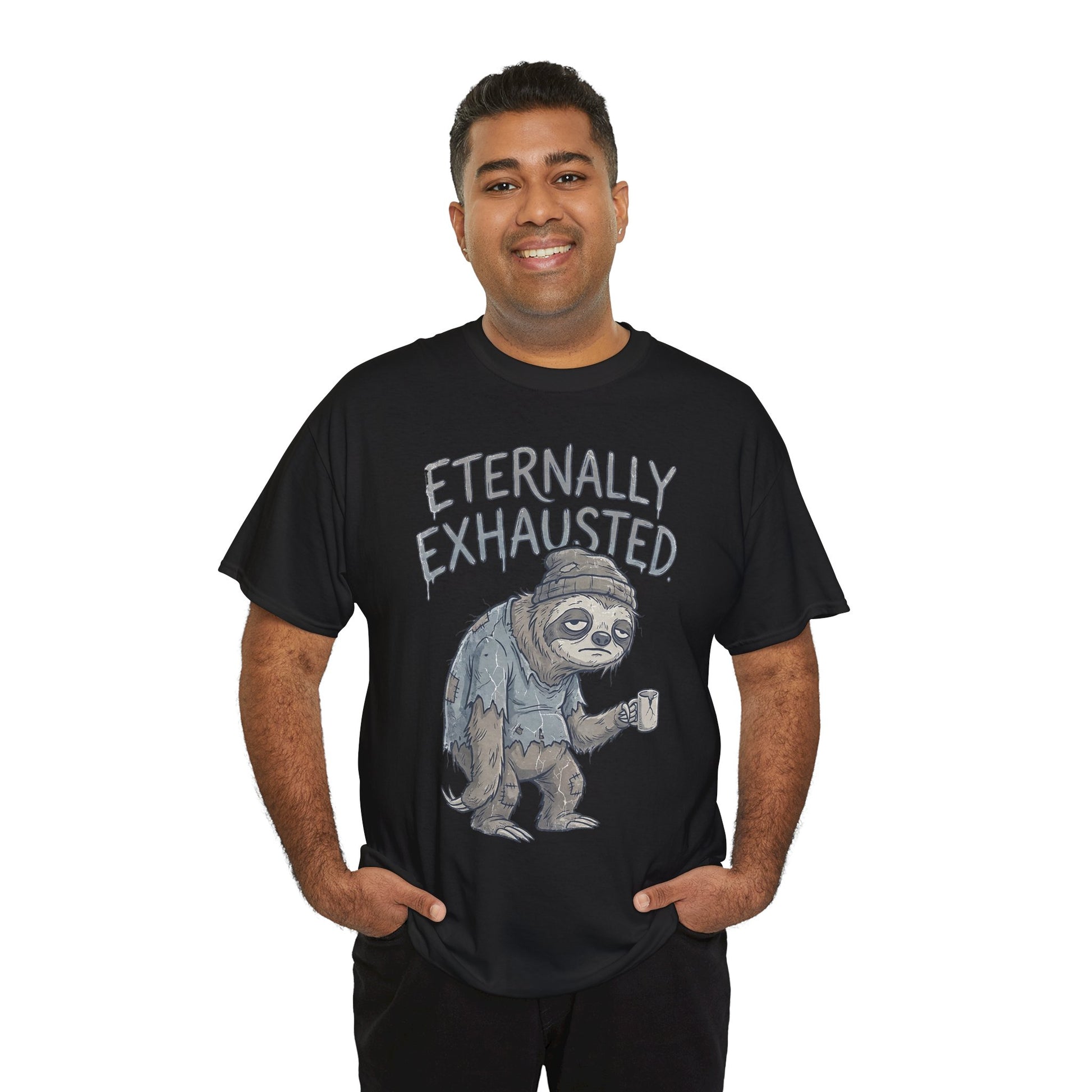 T-Shirt — 'Eternally Exhausted' Sloth Graphic Tee (Funny Coffee Lover Gift)