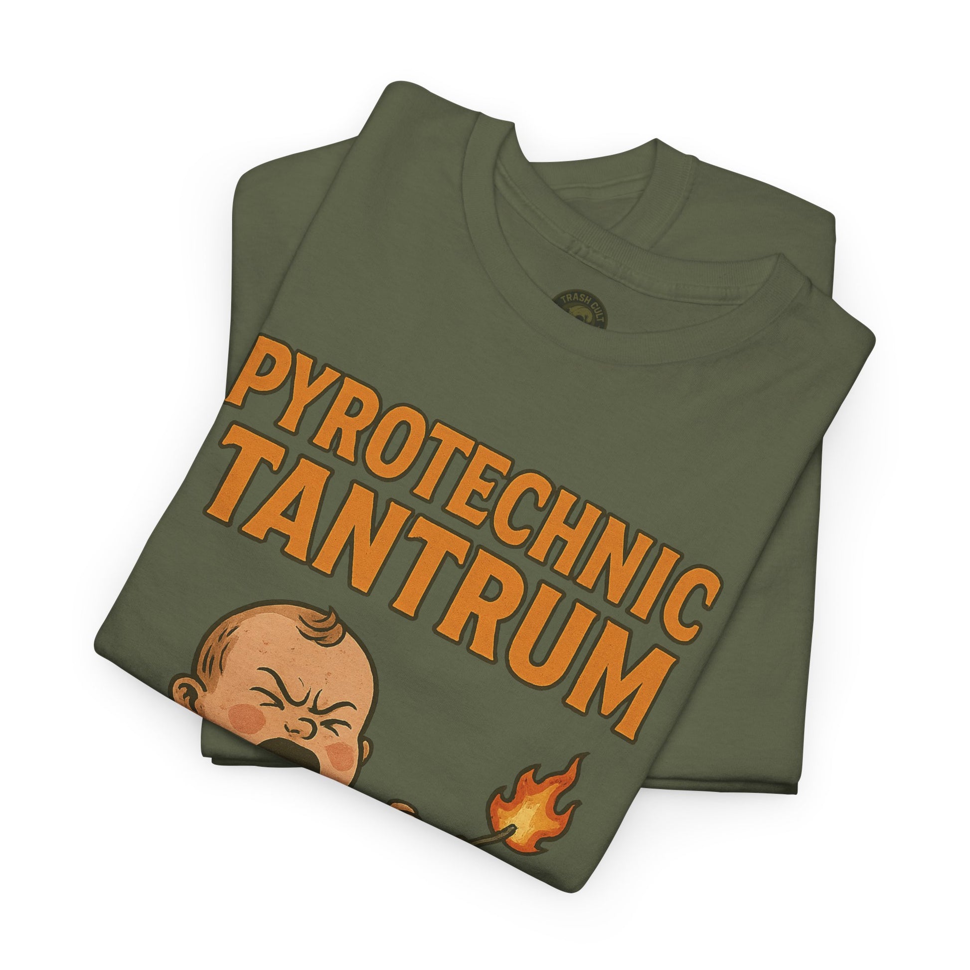 Pyrotechnic Tantrum T-Shirt – Explosive Baby Humor Graphic | Trash Cult Supply Co. | Gildan 5000 Tee
