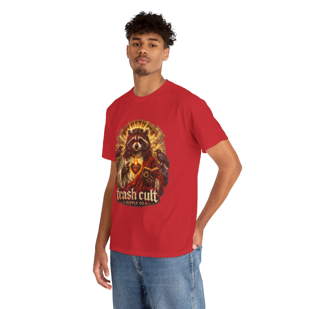 Raccoon Saint Graphic Tee — “Trash Cult” Vintage Devotional Design