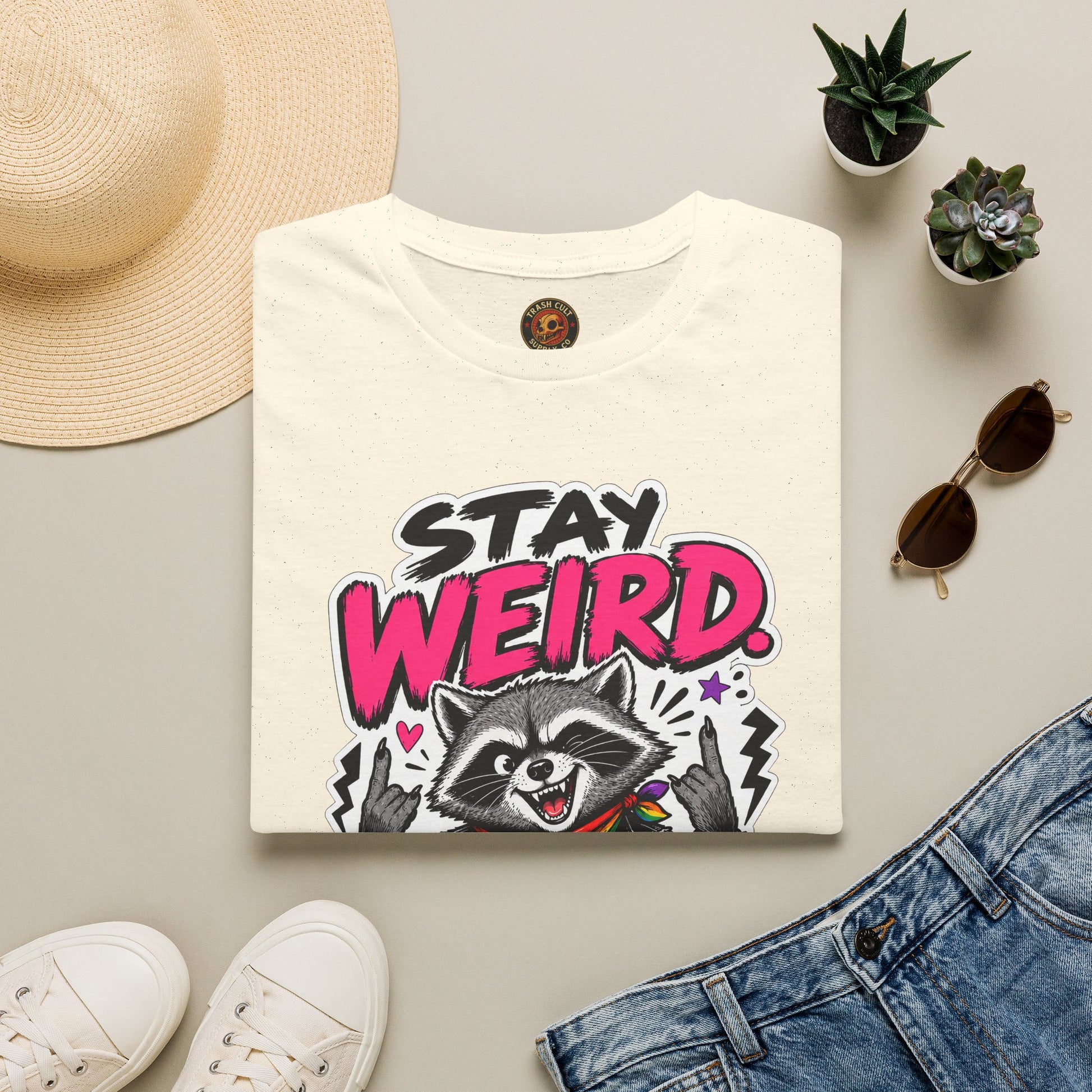 T-Shirt — "Stay Weird" Pride Raccoon Tee (Stay Queer)