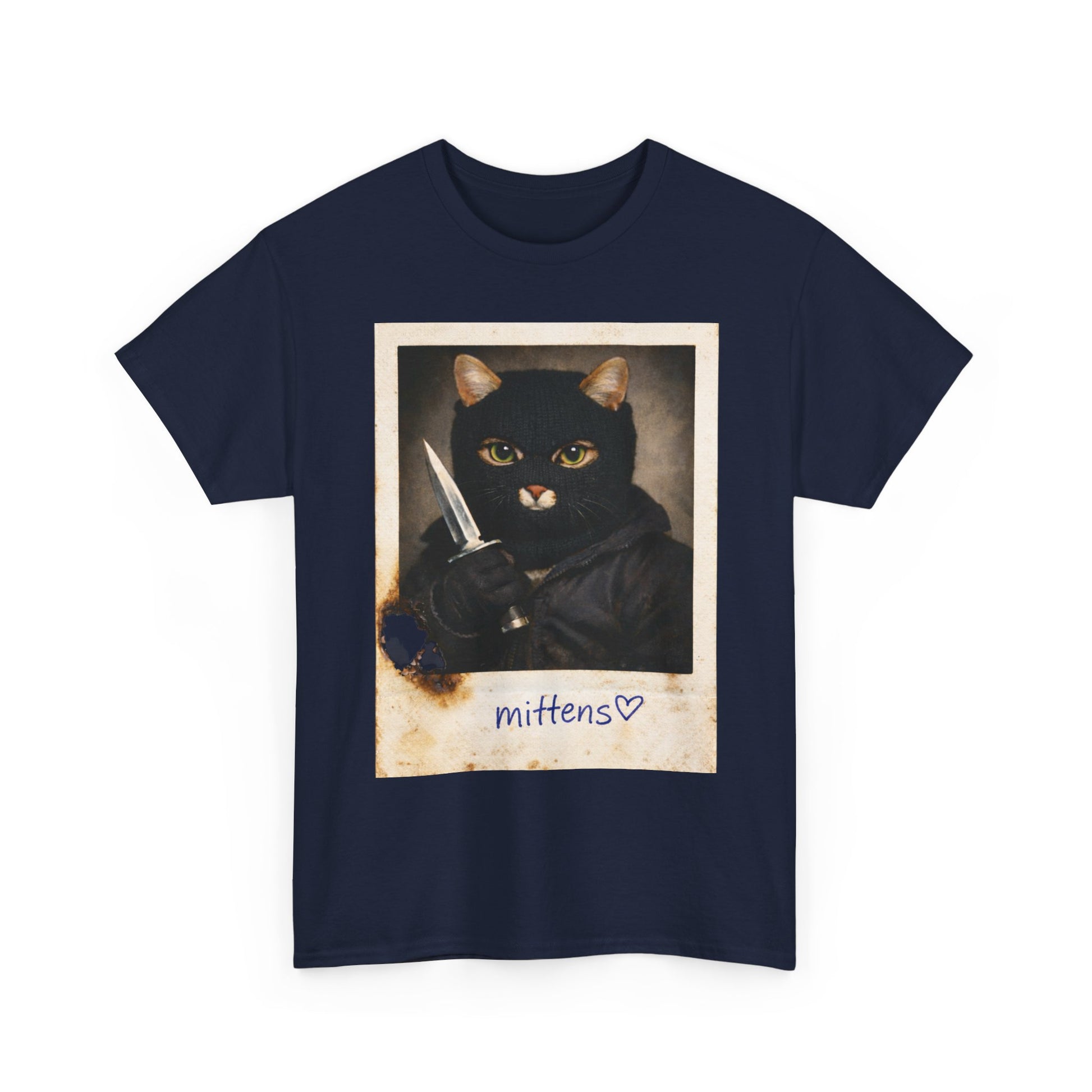 Cat With Knife Tee — "Mittens" Dark Humor Vintage Polaroid Graphic T-Shirt
