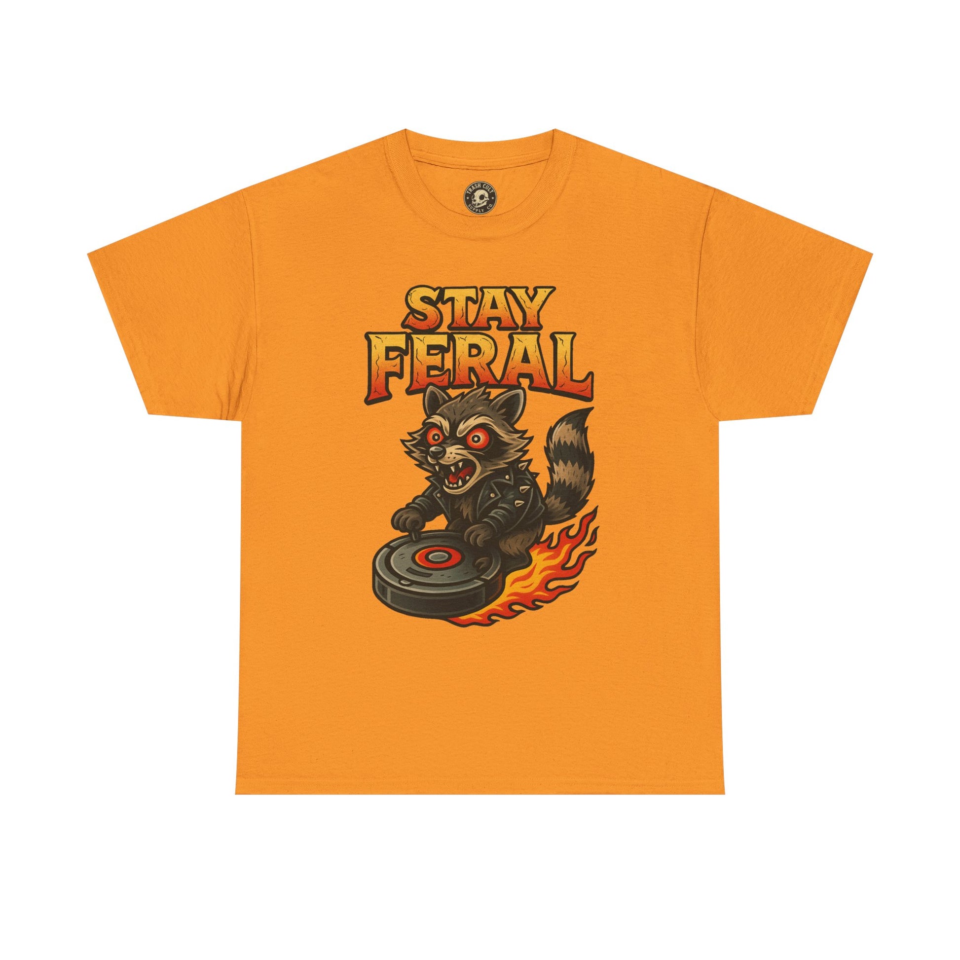 Stay Feral Roomba Raccoon T-Shirt – Bold New School Tattoo Style | Trash Cult Supply Co