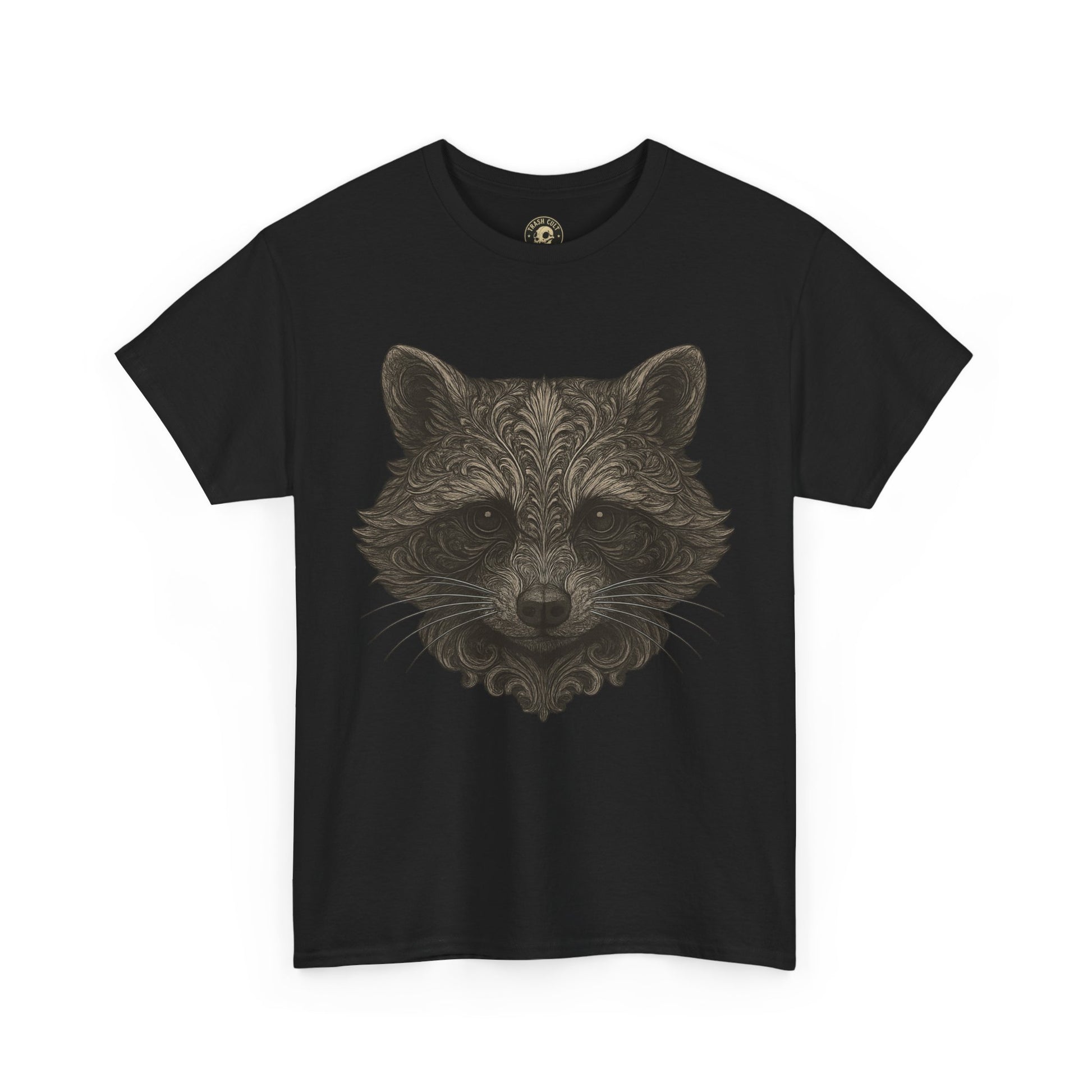 Ornate Raccoon Face Shirt – Intricate Woodland Animal Art Tee – Tattoo-Inspired Forest Aesthetic – Trash Cult Supply Co.