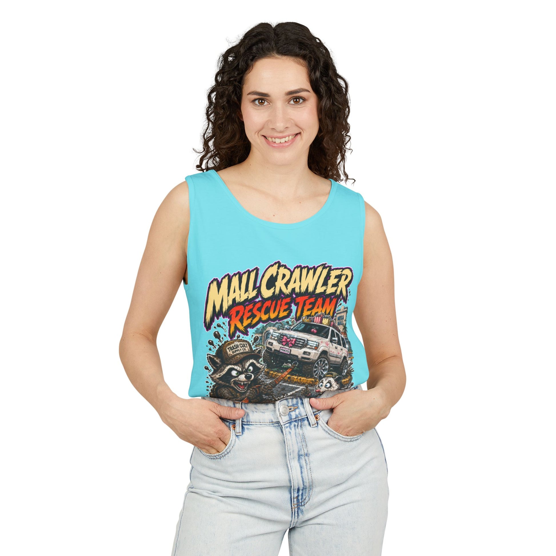 Mall Crawler Rescue Team Tank Top – Funny Raccoon Off-Road Graphic Tank