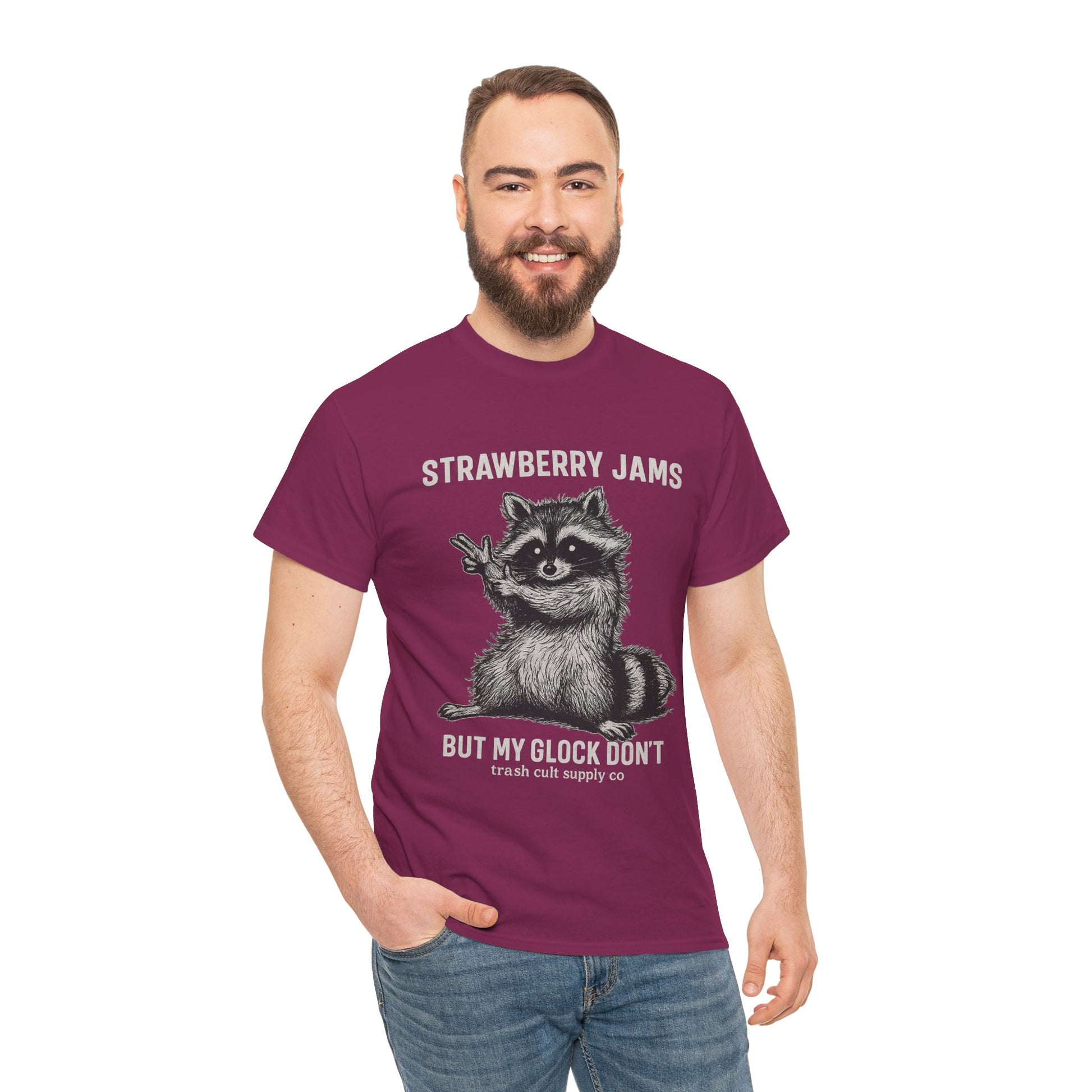 Strawberry Jams But My Glock Don’t Raccoon Shirt – Trash Cult Supply Co. Gildan 5000 Tee