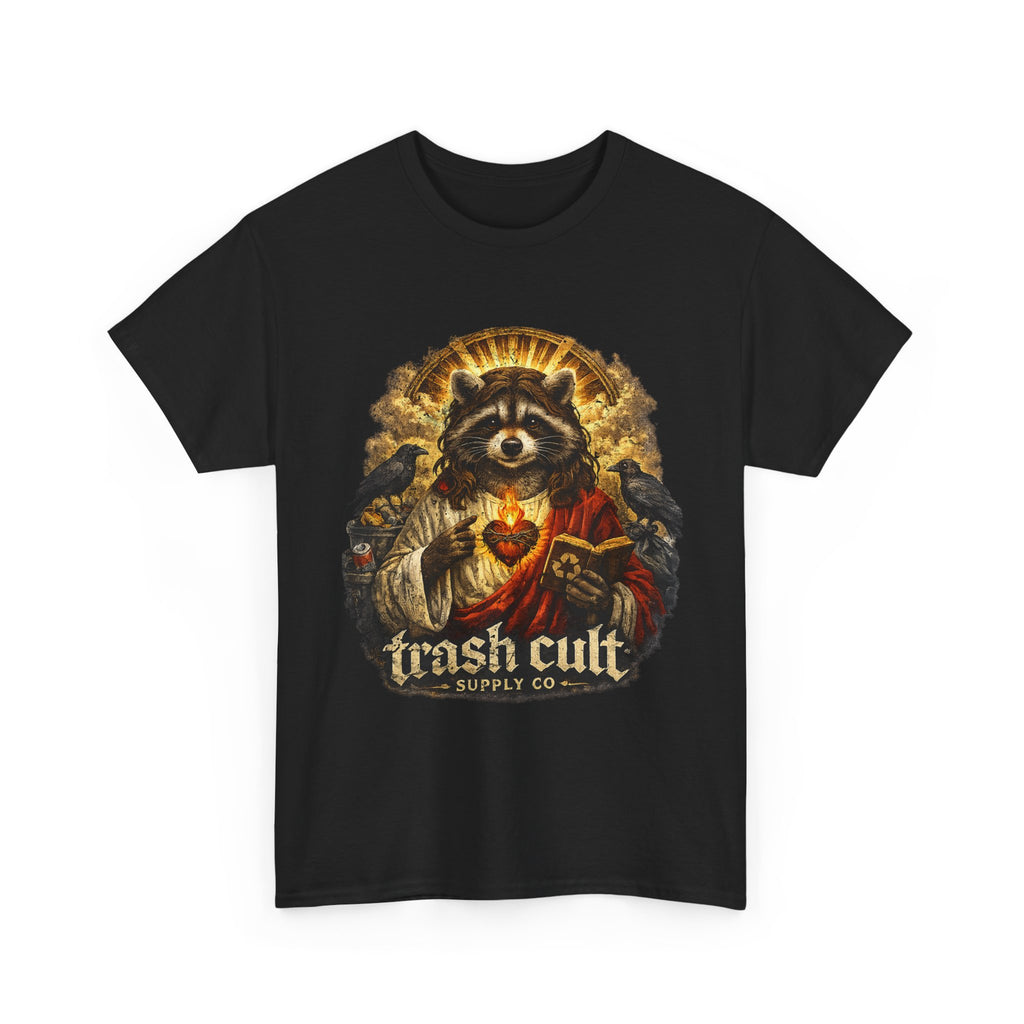 Raccoon Saint Graphic Tee — “Trash Cult” Vintage Devotional Design