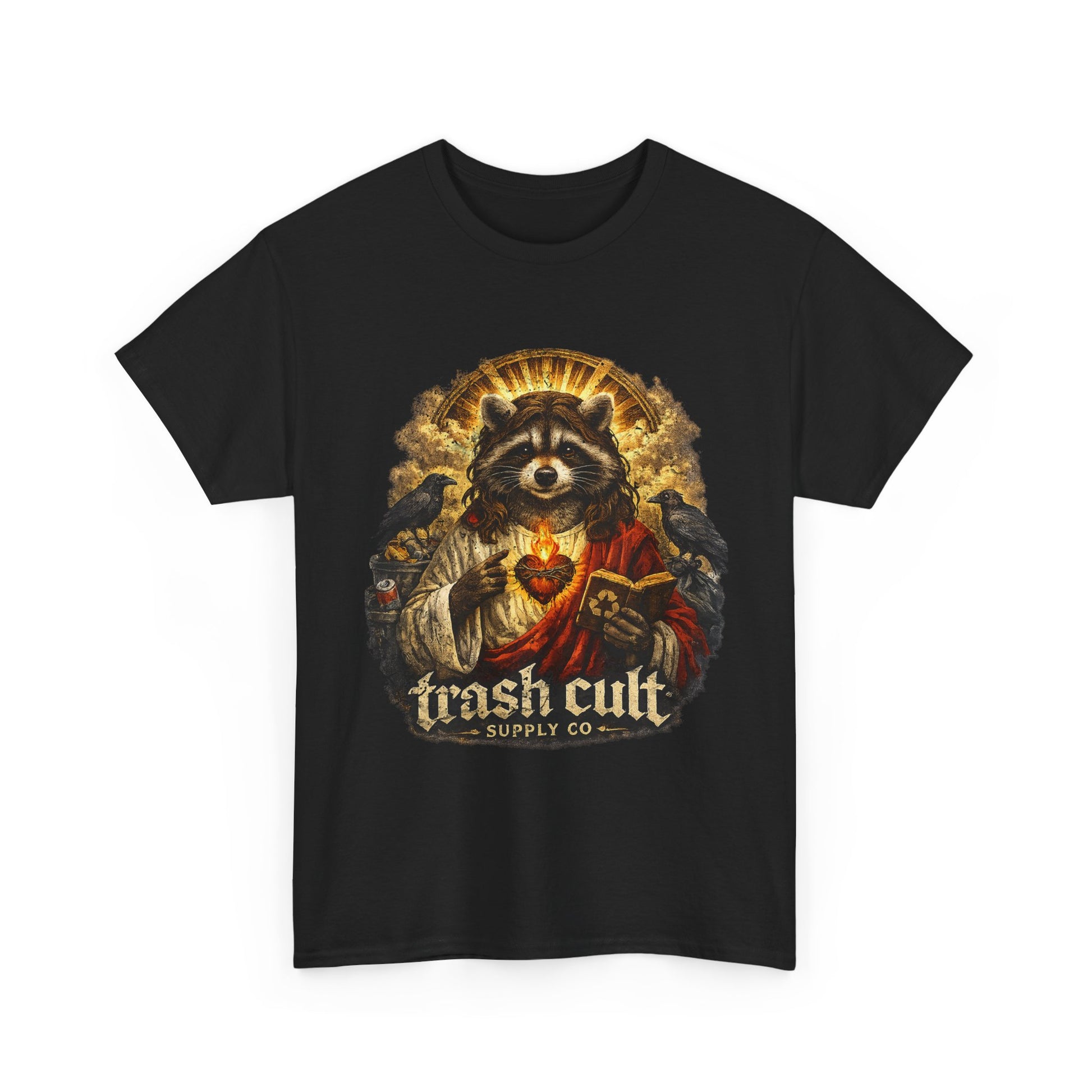 Raccoon Saint Graphic Tee — “Trash Cult” Vintage Devotional Design