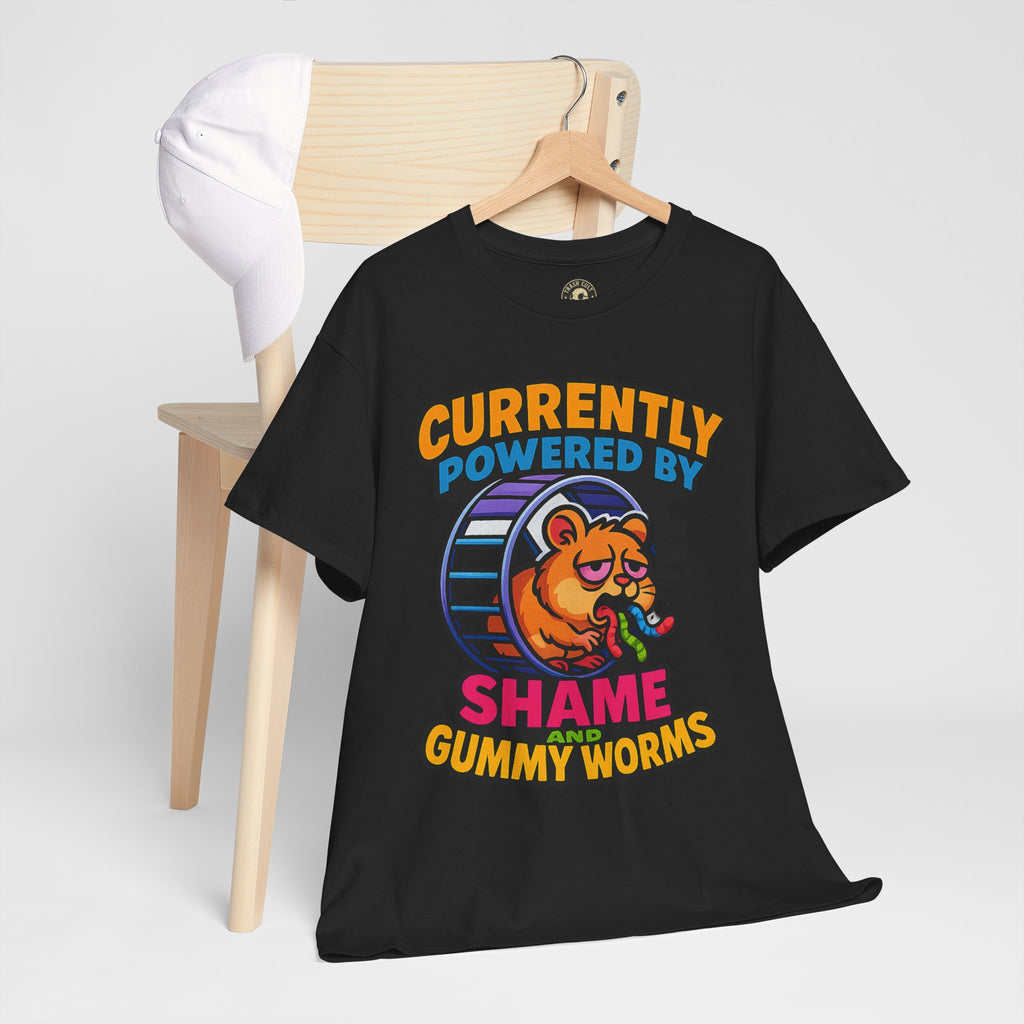 Gummy Worms Shame Tee – Funny Cotton T-Shirt, Powered by Shame & Snacks, Quirky Gift for Animal Lovers
