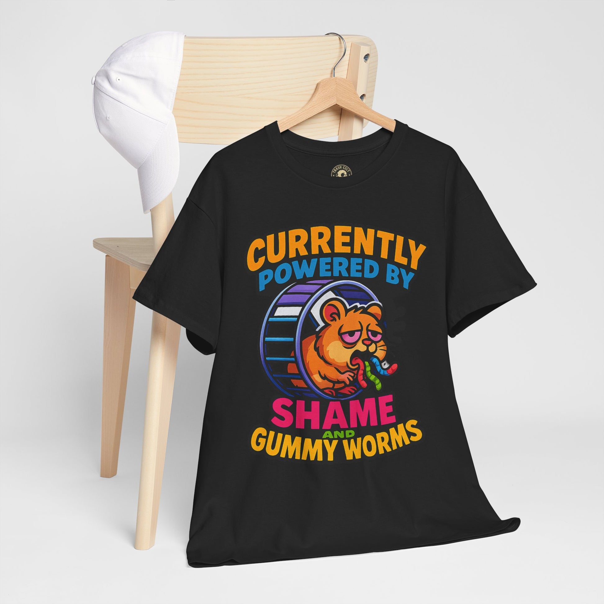 Gummy Worms Shame Tee – Funny Cotton T-Shirt, Powered by Shame & Snacks, Quirky Gift for Animal Lovers