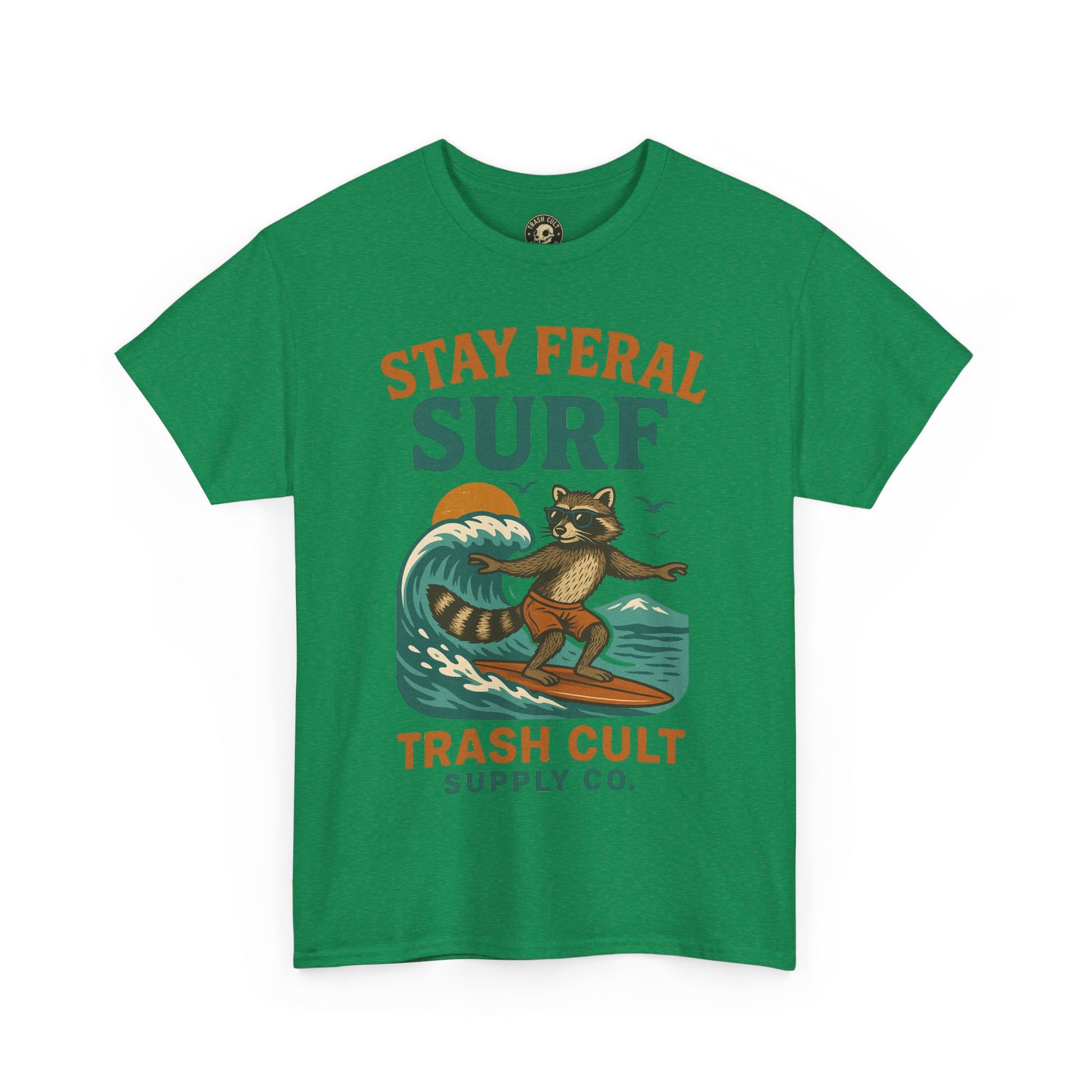 Stay Feral Surf Shirt – Retro Raccoon Beach Tee – Trash Cult Supply Co – Gildan 5000
