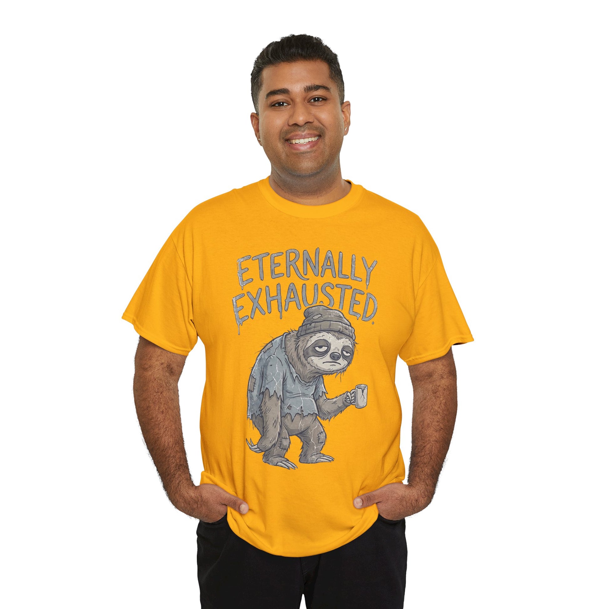 T-Shirt — 'Eternally Exhausted' Sloth Graphic Tee (Funny Coffee Lover Gift)
