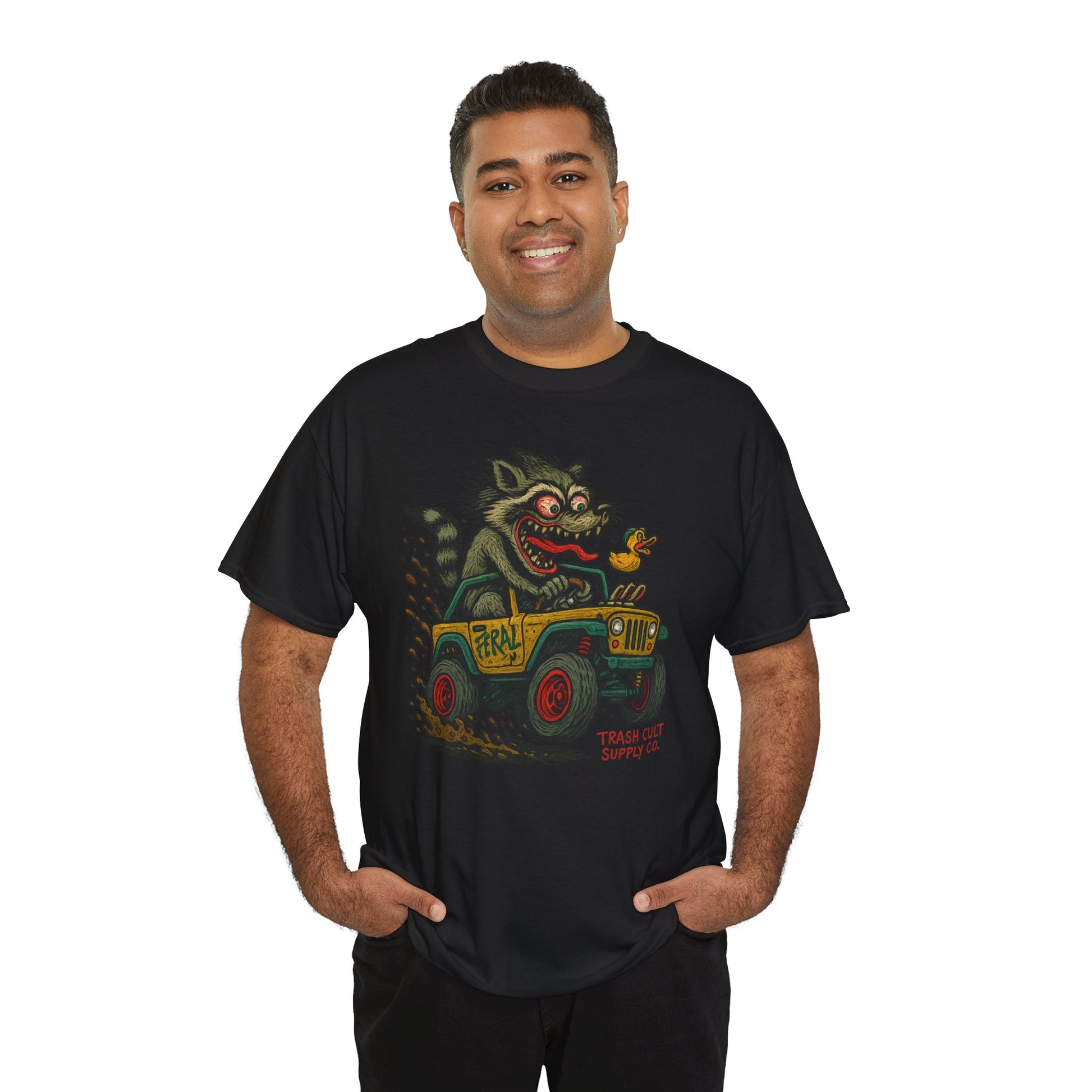 Feral Jeep Raccoon Shirt – Ed Roth Style Off-Road Chaos | Trash Cult Supply Co | Gildan 5000 Tee