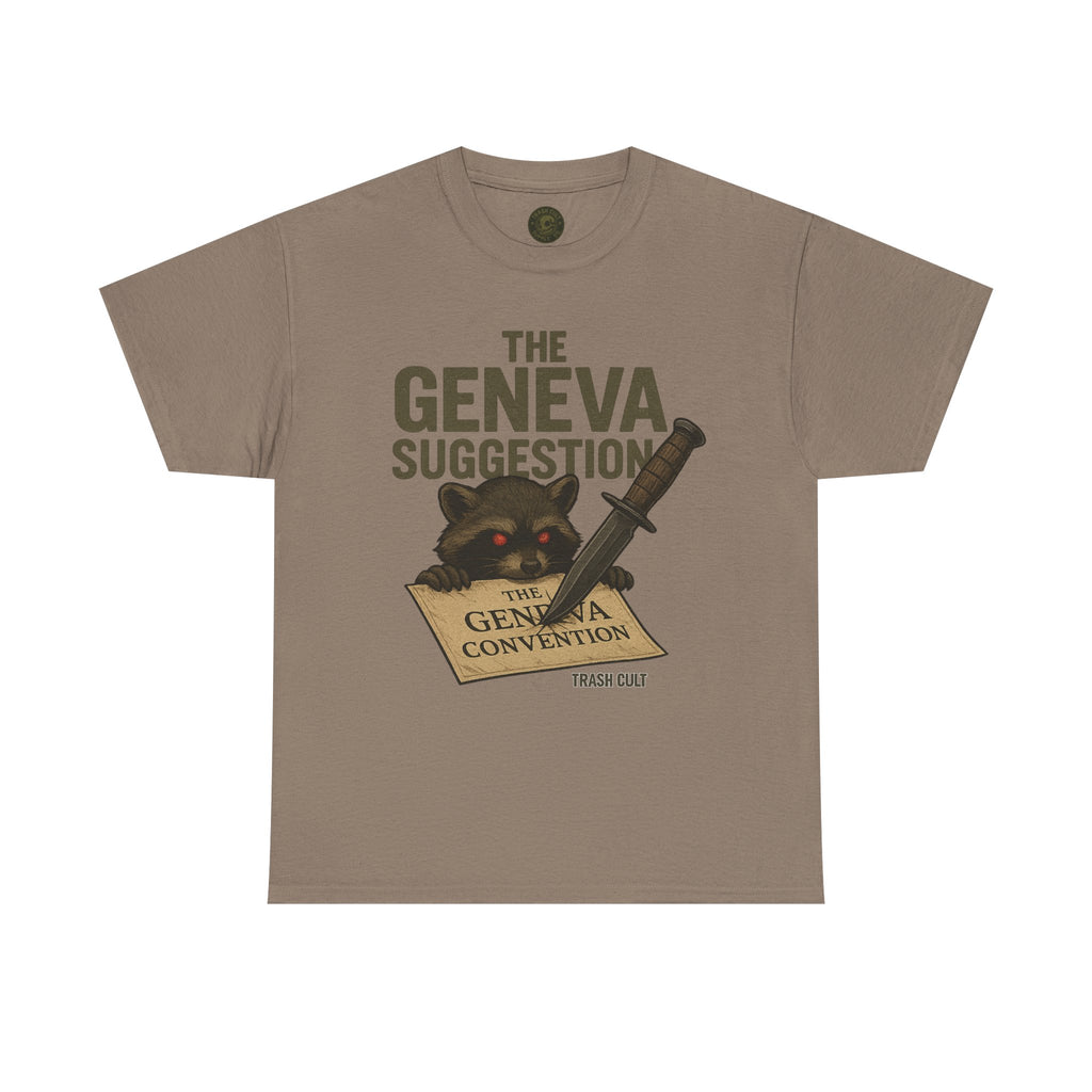 The Geneva Suggestion T-Shirt – Tactical Raccoon Dark Humor Tee | Trash Cult Supply Co. | Gildan 5000