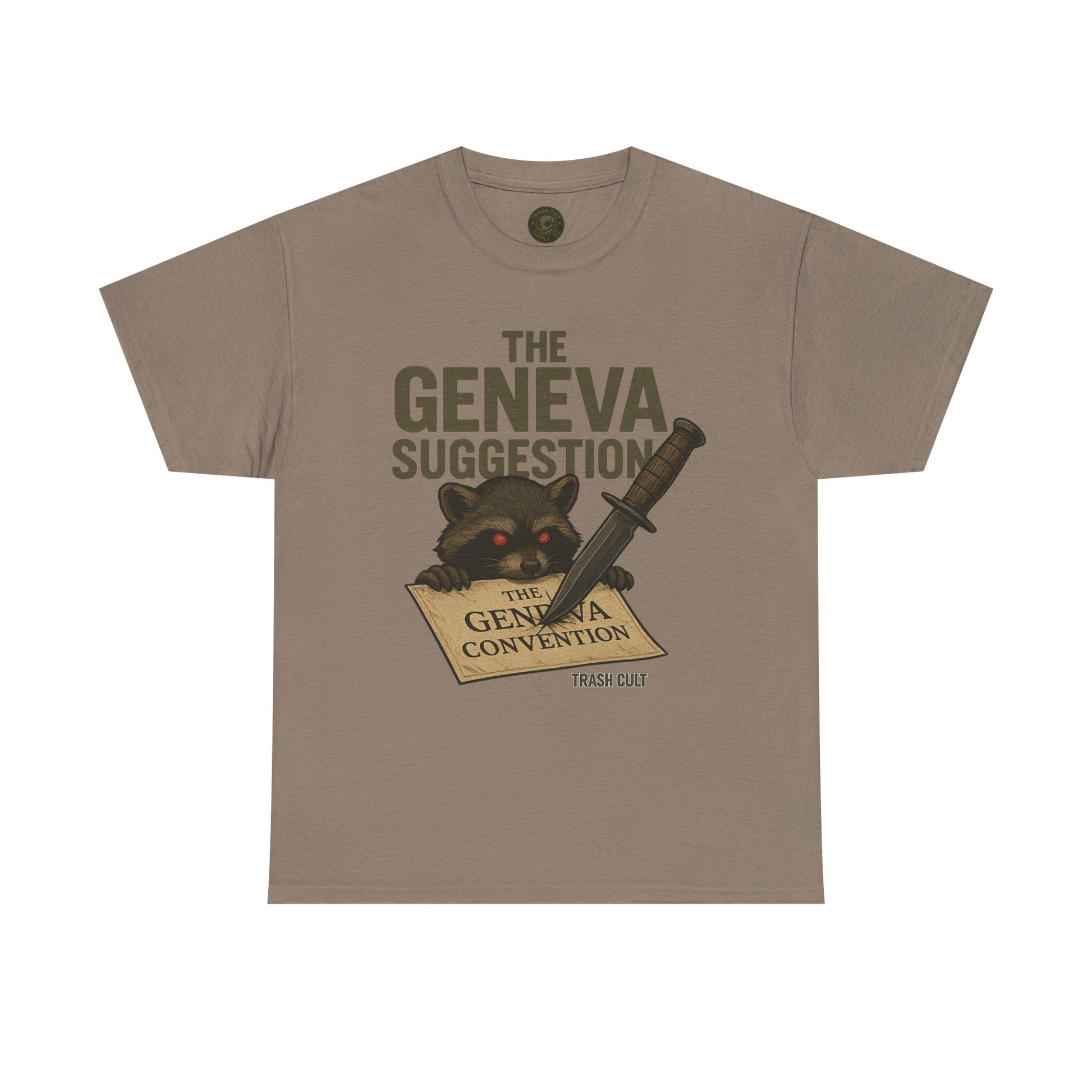 The Geneva Suggestion T-Shirt – Tactical Raccoon Dark Humor Tee | Trash Cult Supply Co. | Gildan 5000