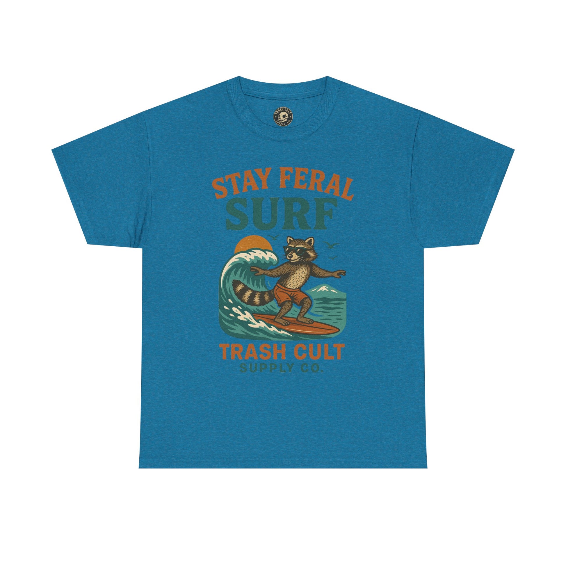 Stay Feral Surf Shirt – Retro Raccoon Beach Tee – Trash Cult Supply Co – Gildan 5000