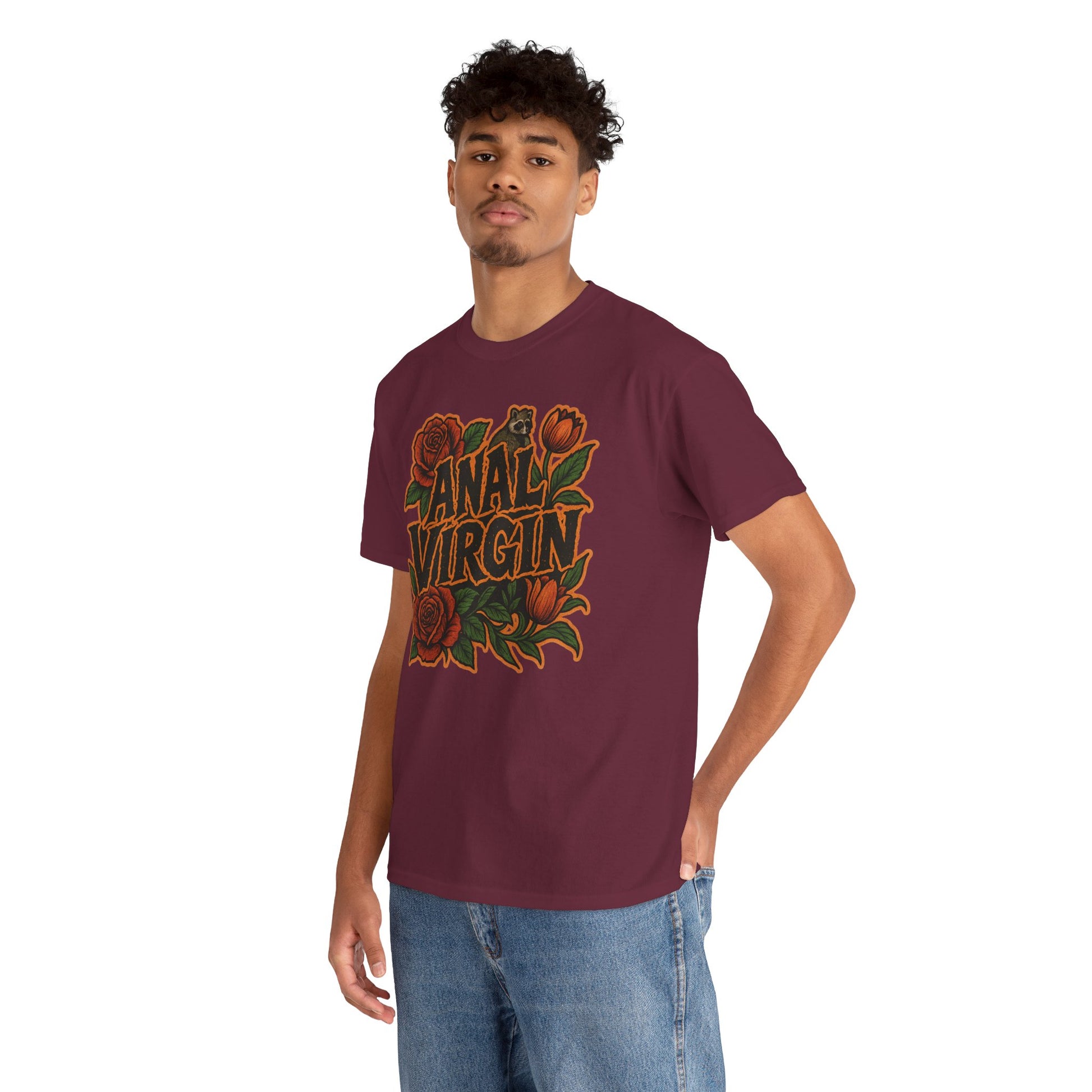 Anal Virgin Bold Floral Trashcore Tee – Funny Raccoon Shirt – Gildan 5000