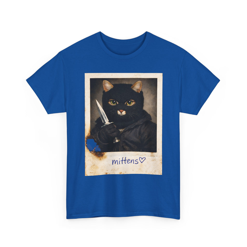 Cat With Knife Tee — "Mittens" Dark Humor Vintage Polaroid Graphic T-Shirt