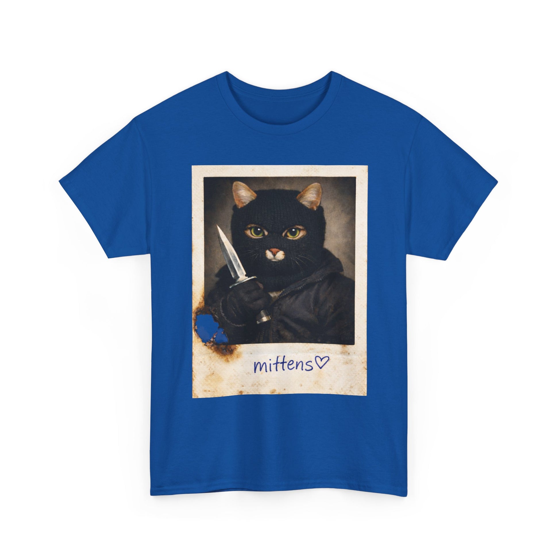 Cat With Knife Tee — "Mittens" Dark Humor Vintage Polaroid Graphic T-Shirt